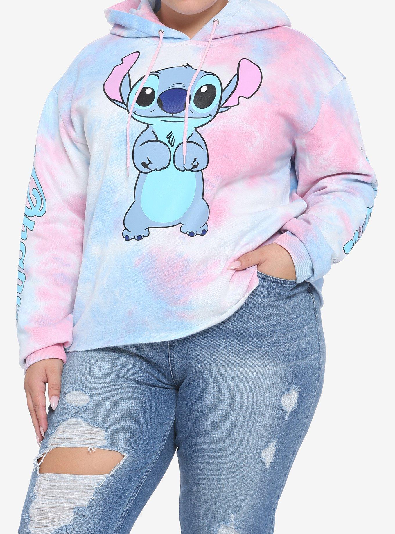 Disney Lilo & Stitch Pink & Blue Tie-Dye Girls Crop Hoodie Plus Size, TIE DYE, hi-res