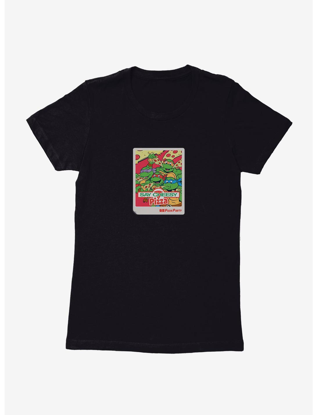Teenage Mutant Ninja Turtles Say Cheesy Pizza Photo Womens T-Shirt, BLACK, hi-res