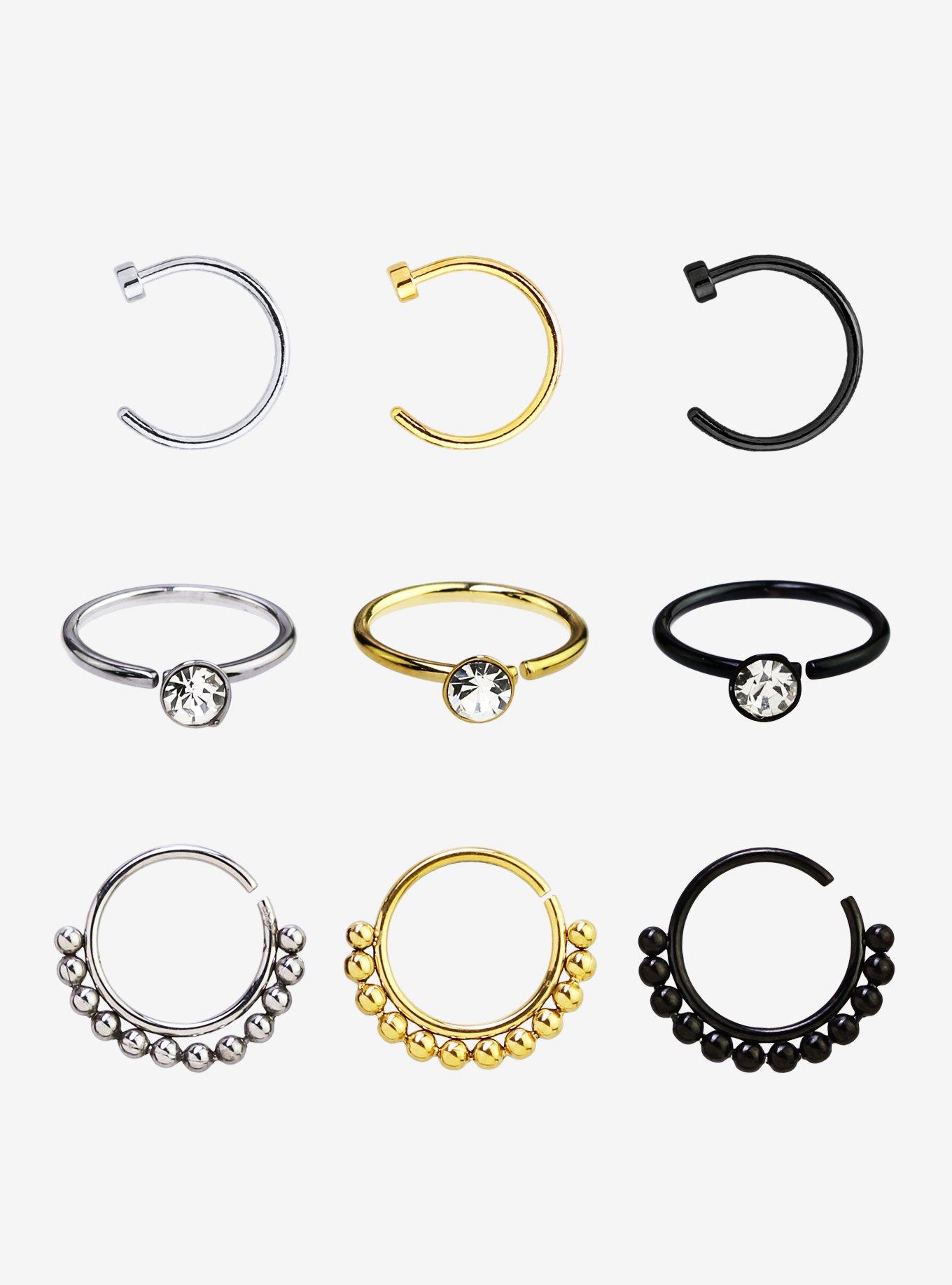 20G Steel Gold And Black Clear CZ Nose Hoop 9 Pack, , hi-res