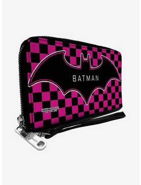DC Comics Batman Bat Logo Checker Fuchsia Black Zip Around Rectangle Wallet, , hi-res