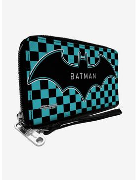 DC Comics Batman Bat Logo Checker Teal Black Zip Around Rectangle Wallet, , hi-res