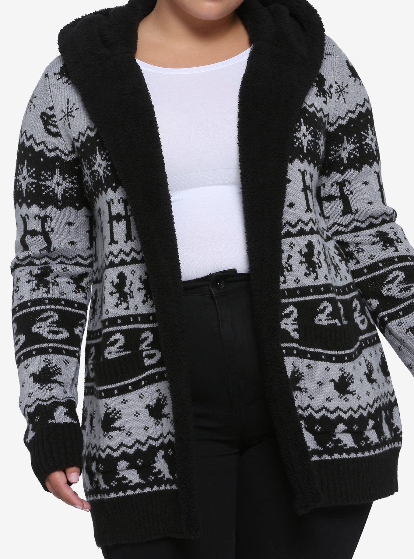 Harry Potter House Symbols Fair Isle Sherpa Open Cardigan Plus Size, MULTI, hi-res