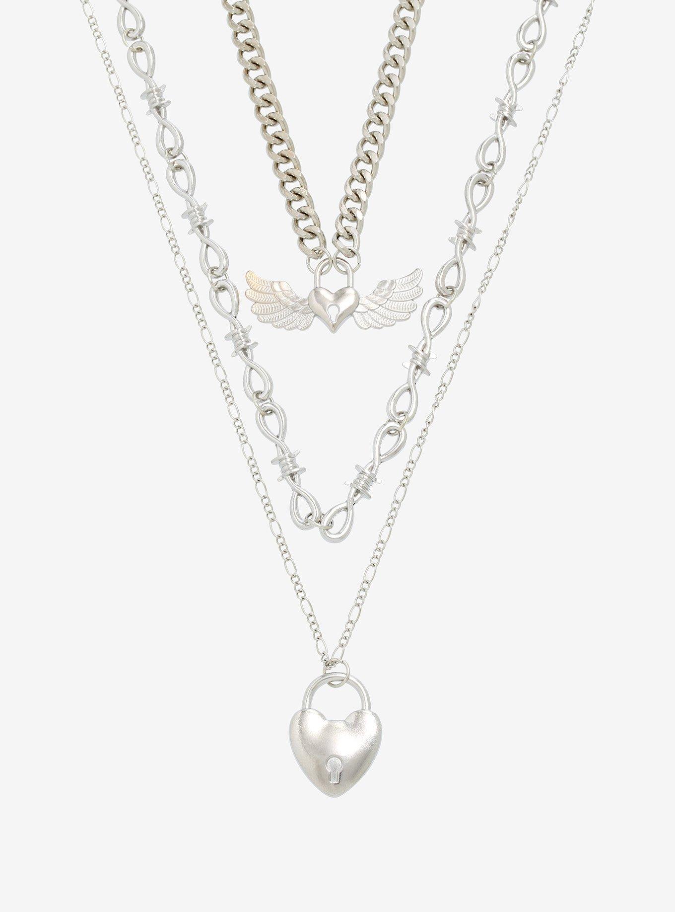 Barbed Wire Heart Padlock Chain Necklace Set, , hi-res