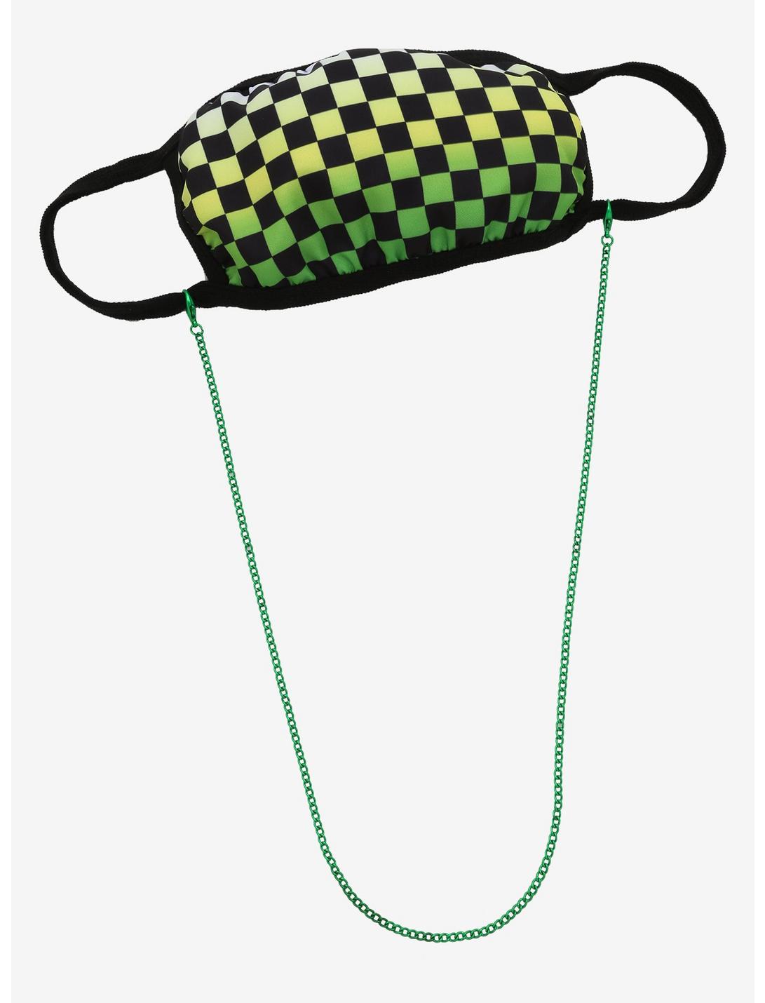 Green Checkered Fashion Face Mask With Chain, , hi-res