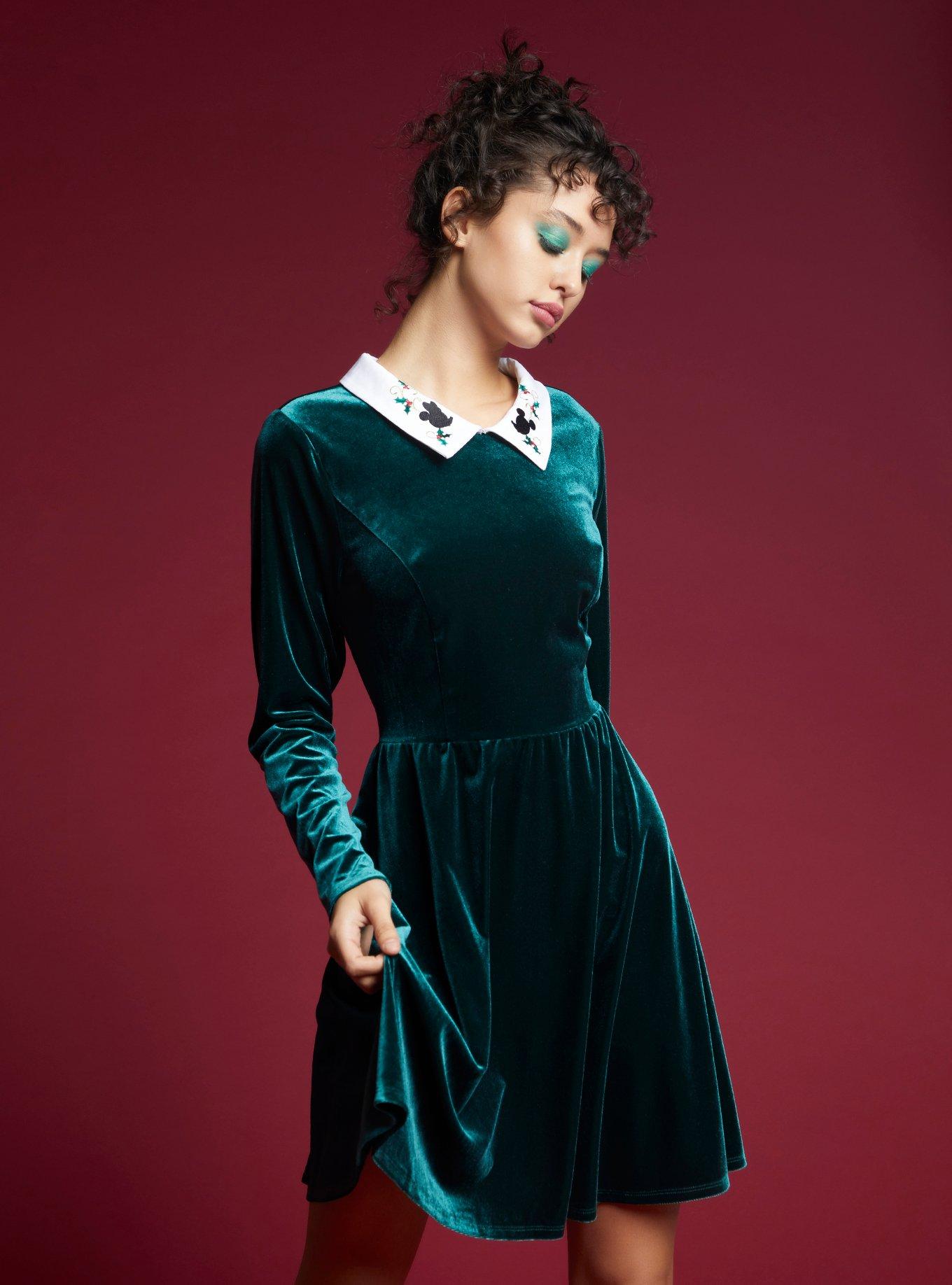 Disney Mickey Mouse Holiday Green Velvet Collar Dress, MULTI, hi-res