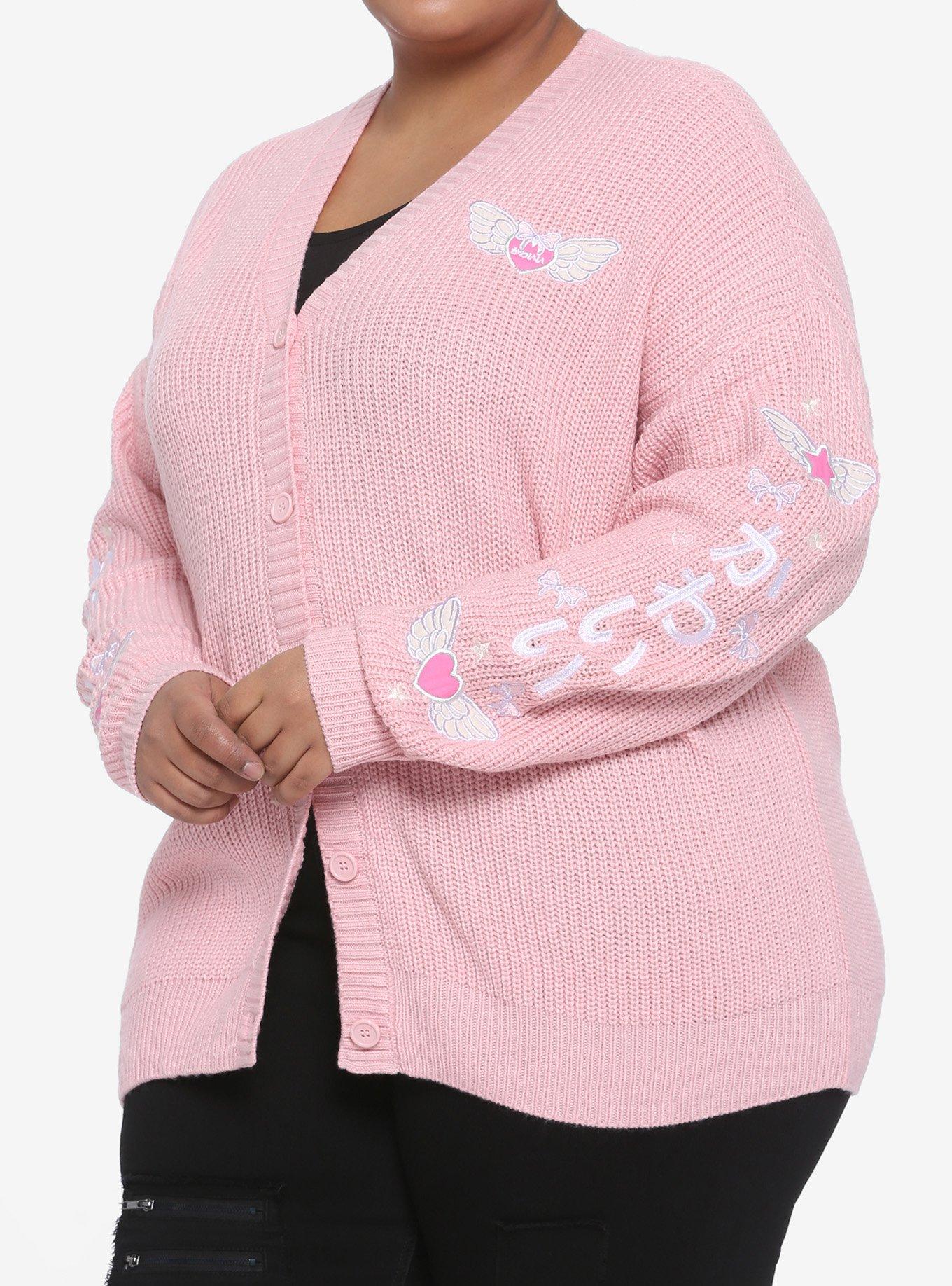 Kawaii Wings Embroidered Girls Cardigan Plus Size, PINK, hi-res