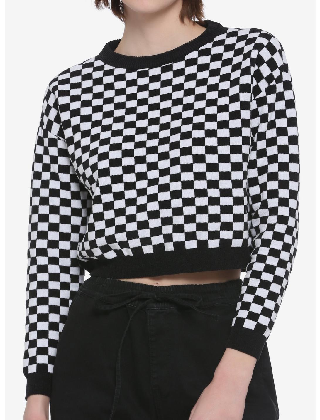 Black & White Checkered Girls Crop Sweater, MULTI, hi-res