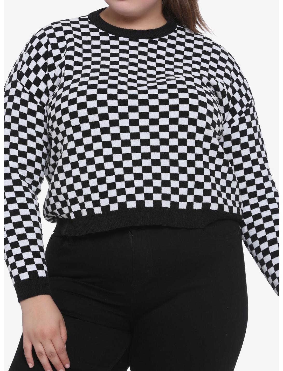 Black & White Checkered Girls Crop Sweater Plus Size, MULTI, hi-res
