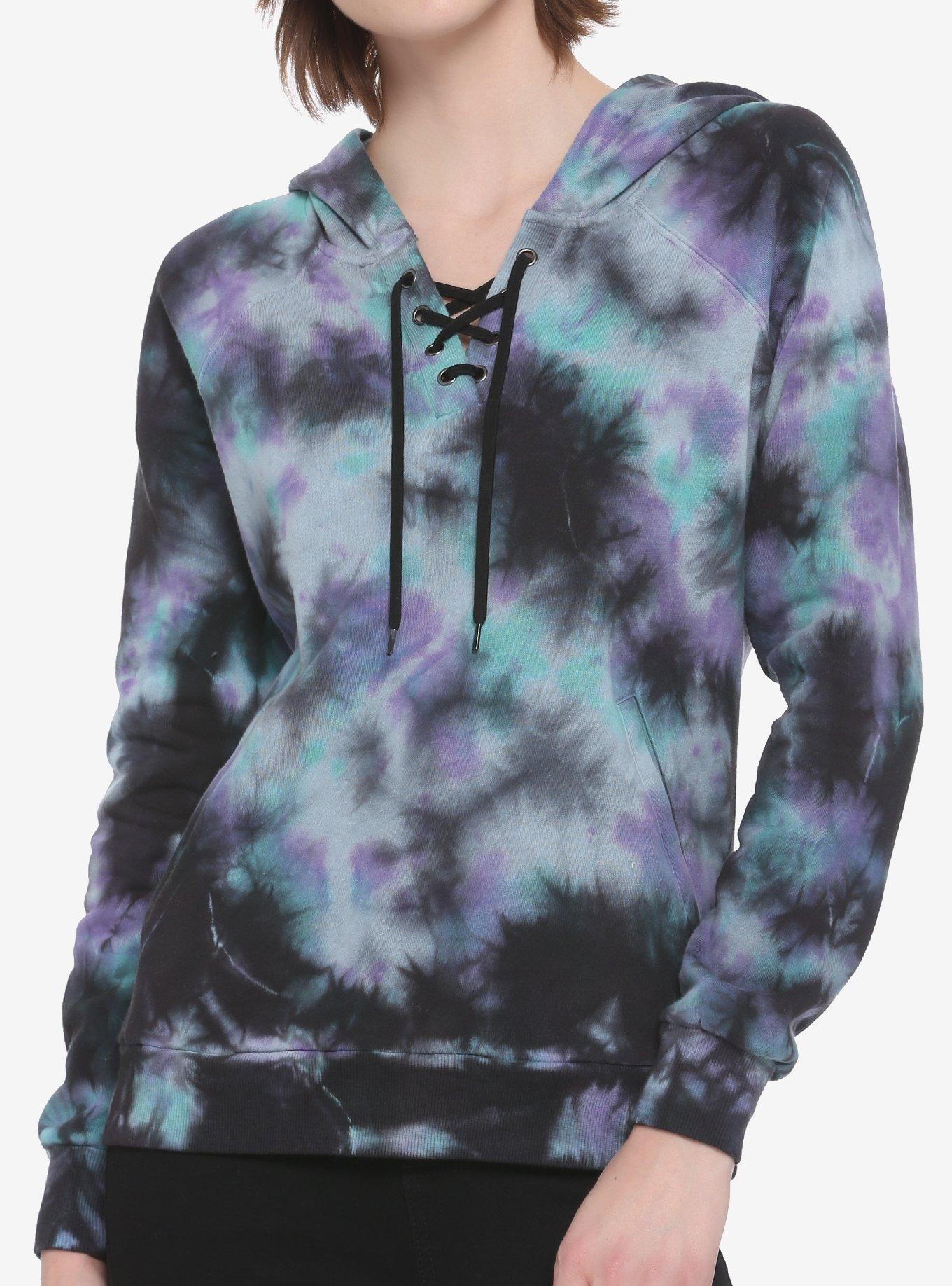 Purple & Teal Tie-Dye Lace-Up Girls Hoodie, MULTI TIE DYE, hi-res