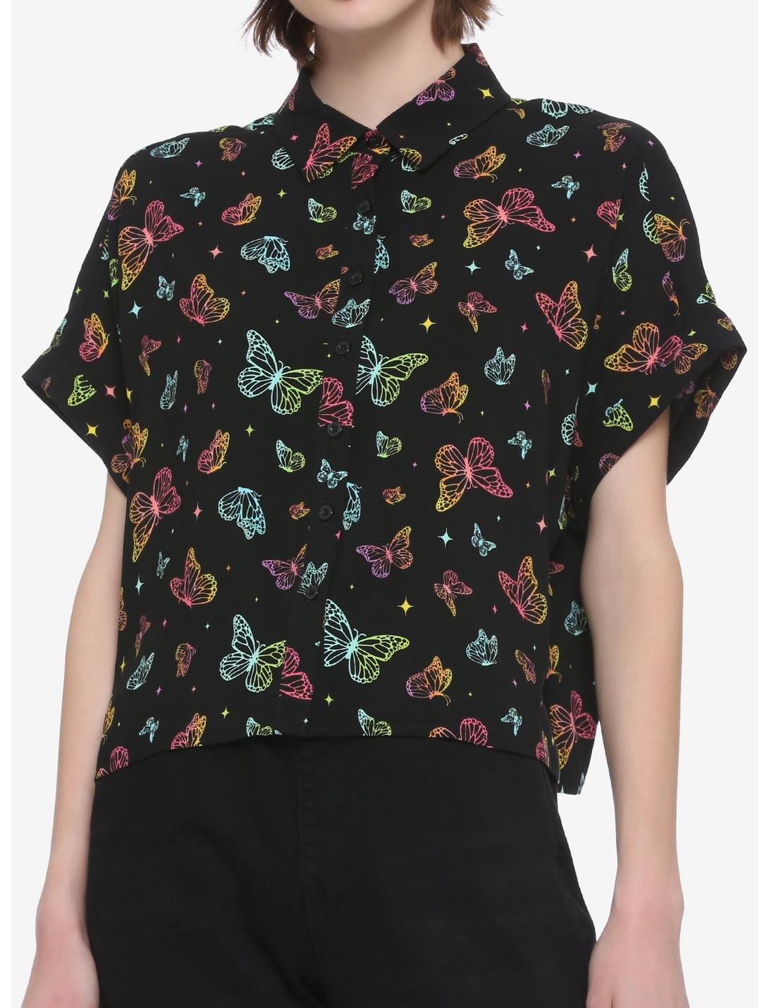 Rainbow Butterfly Girls Crop Woven Button-Up, MULTI, hi-res