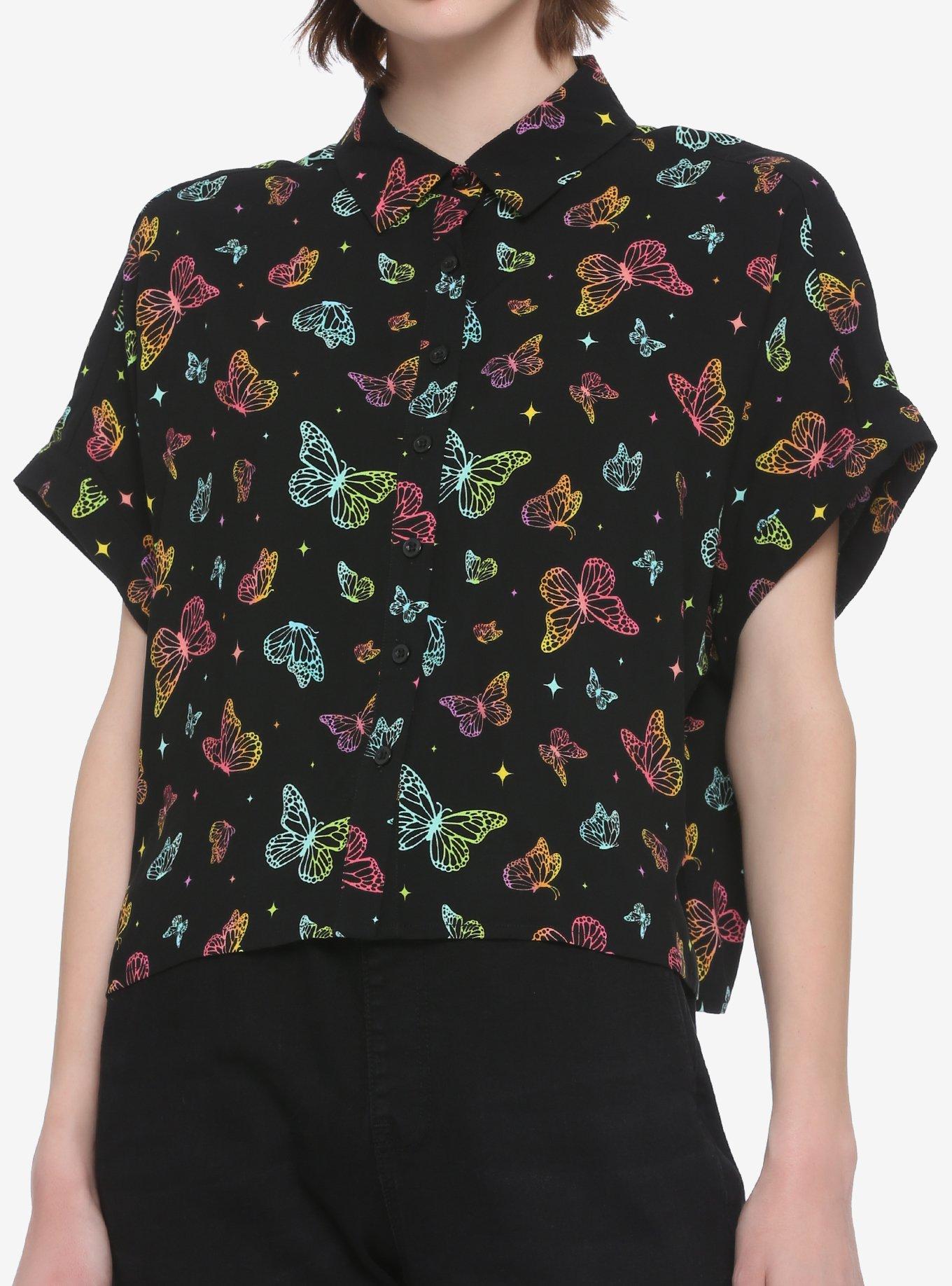 Rainbow Butterfly Girls Crop Woven Button-Up, MULTI, hi-res