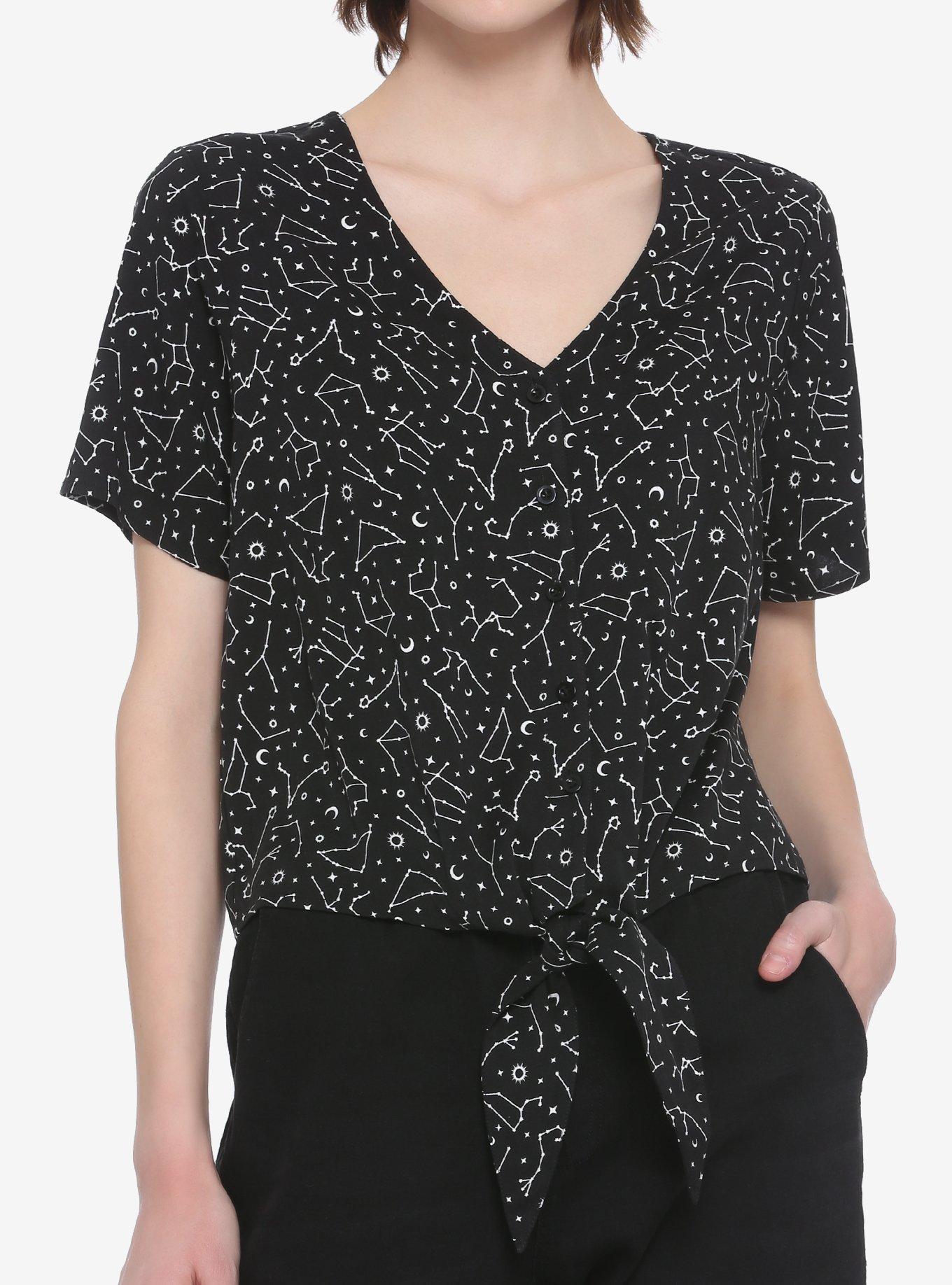 Constellation Tie-Front Girls Woven Button-Up, BLACK, hi-res