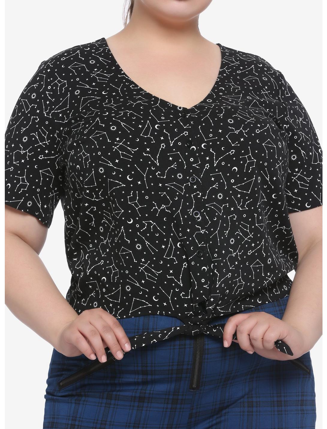 Constellation Tie-Front Girls Woven Button-Up Plus Size, BLACK, hi-res