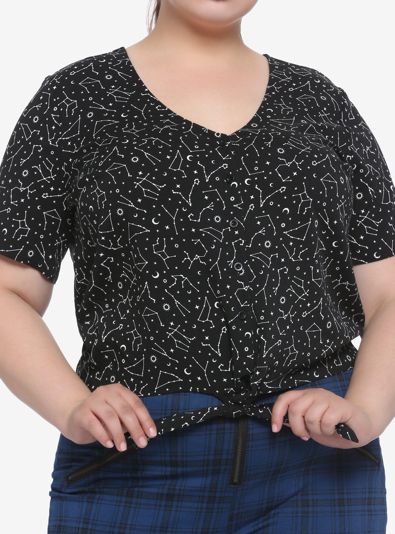 Constellation Tie-Front Girls Woven Button-Up Plus Size, BLACK, hi-res