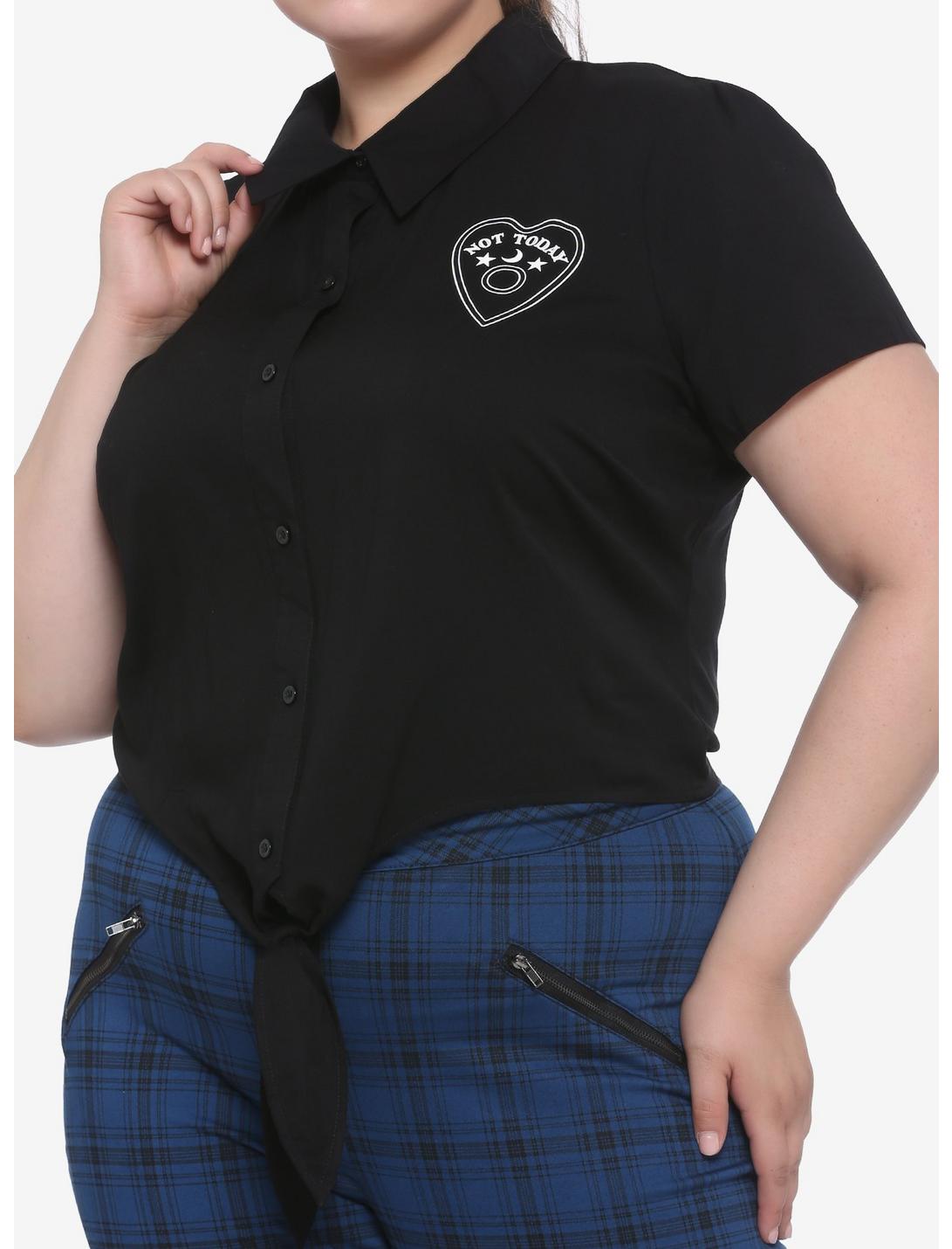 Not Today Planchette Tie-Front Girls Woven Button-Up Plus Size, BLACK, hi-res