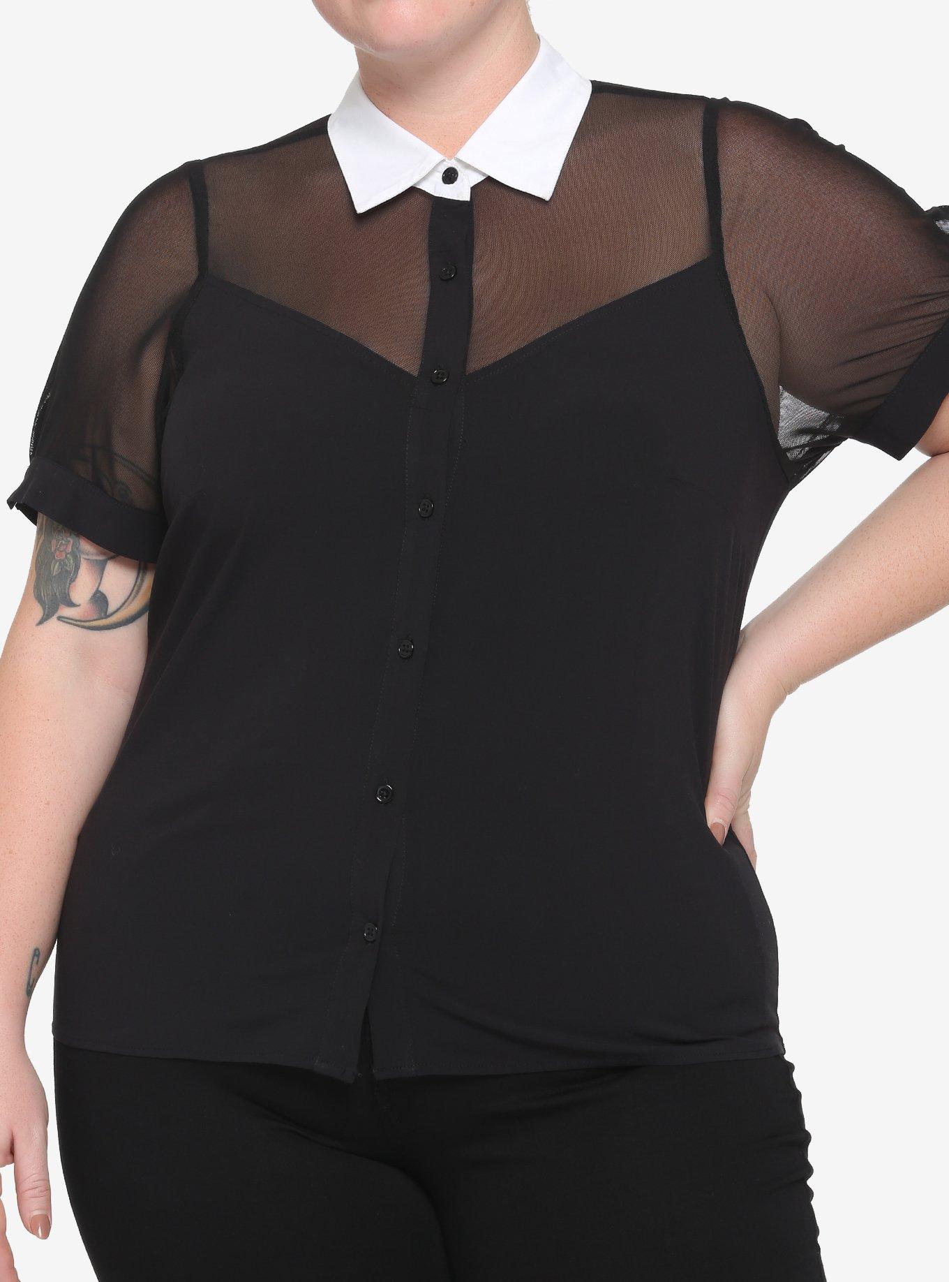 Collared Mesh Panel Girls Top Plus Size, BLACK, hi-res