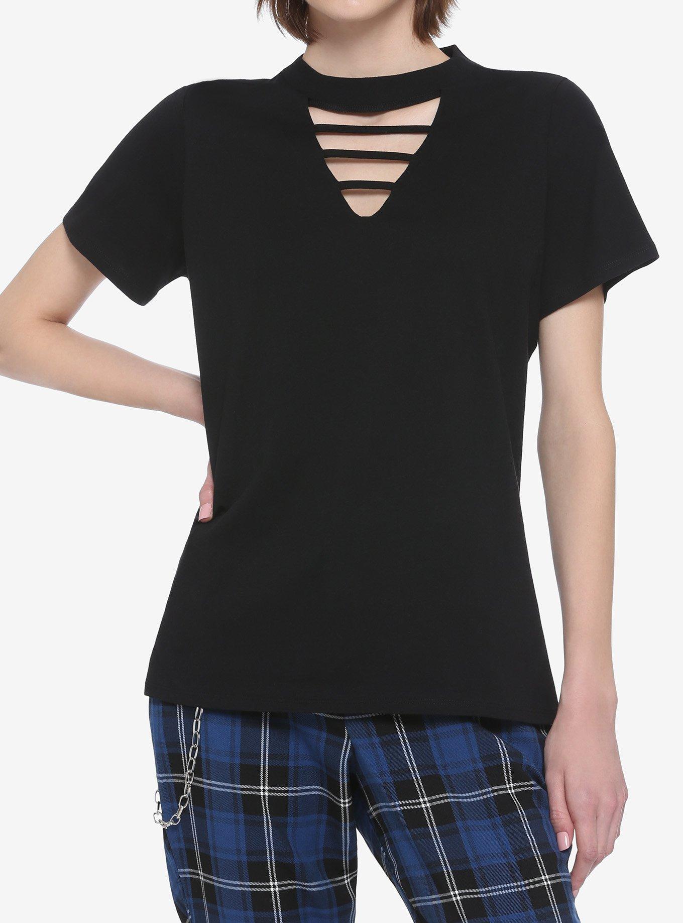 Black V-Cutout Strappy Girls T-Shirt, BLACK, hi-res
