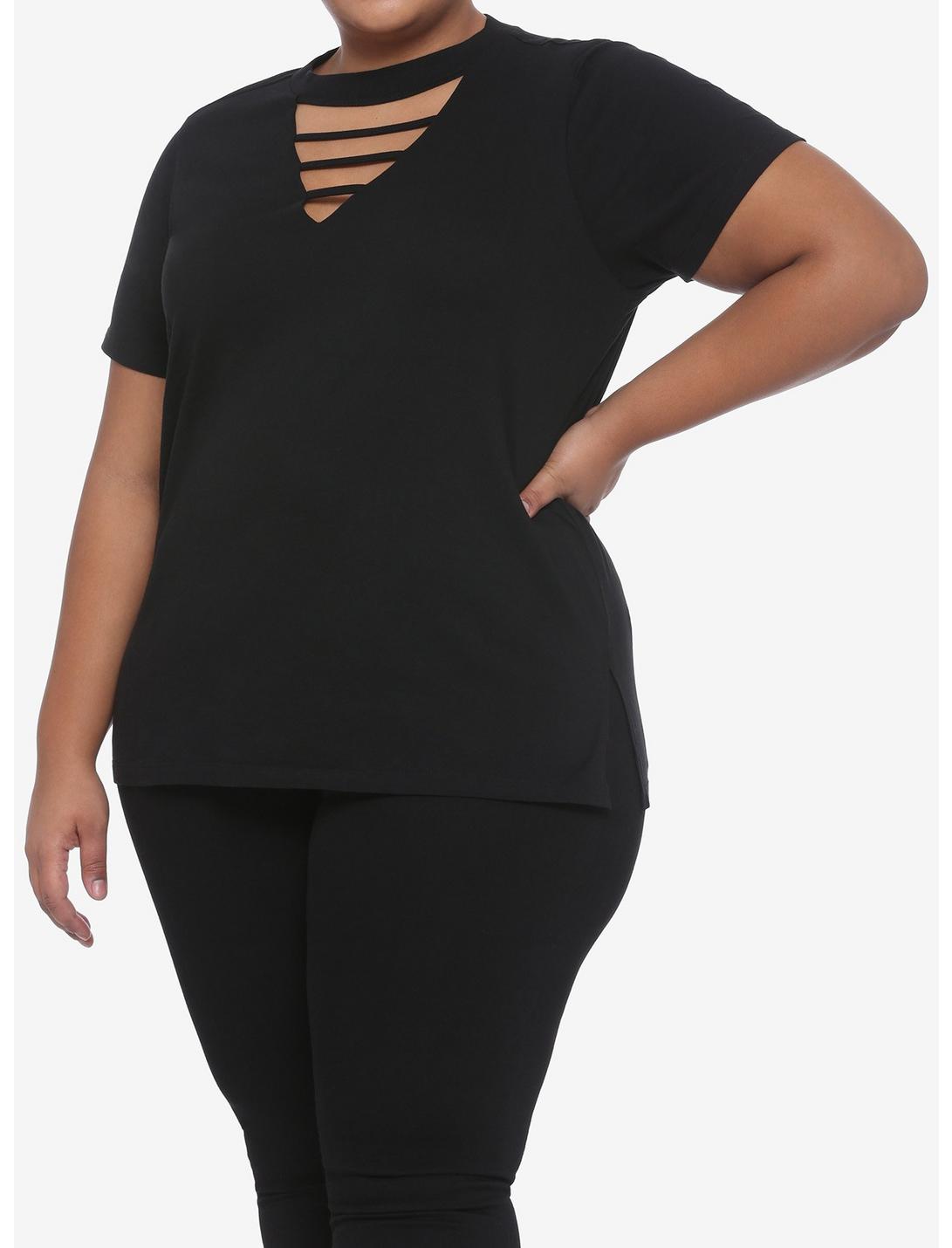 Black V-Cutout Strappy Girls T-Shirt Plus Size, BLACK, hi-res