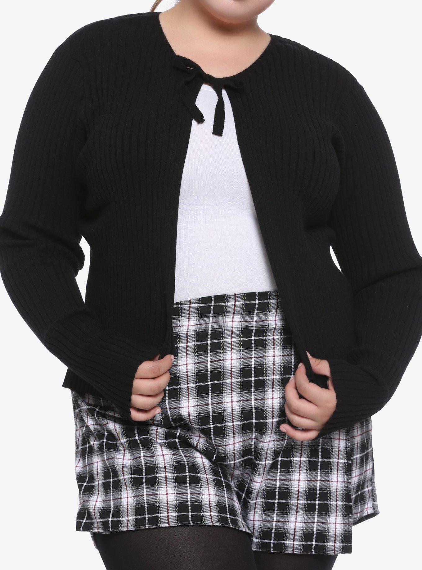 Black Tie-Front Girls Cardigan Plus Size, BLACK, hi-res