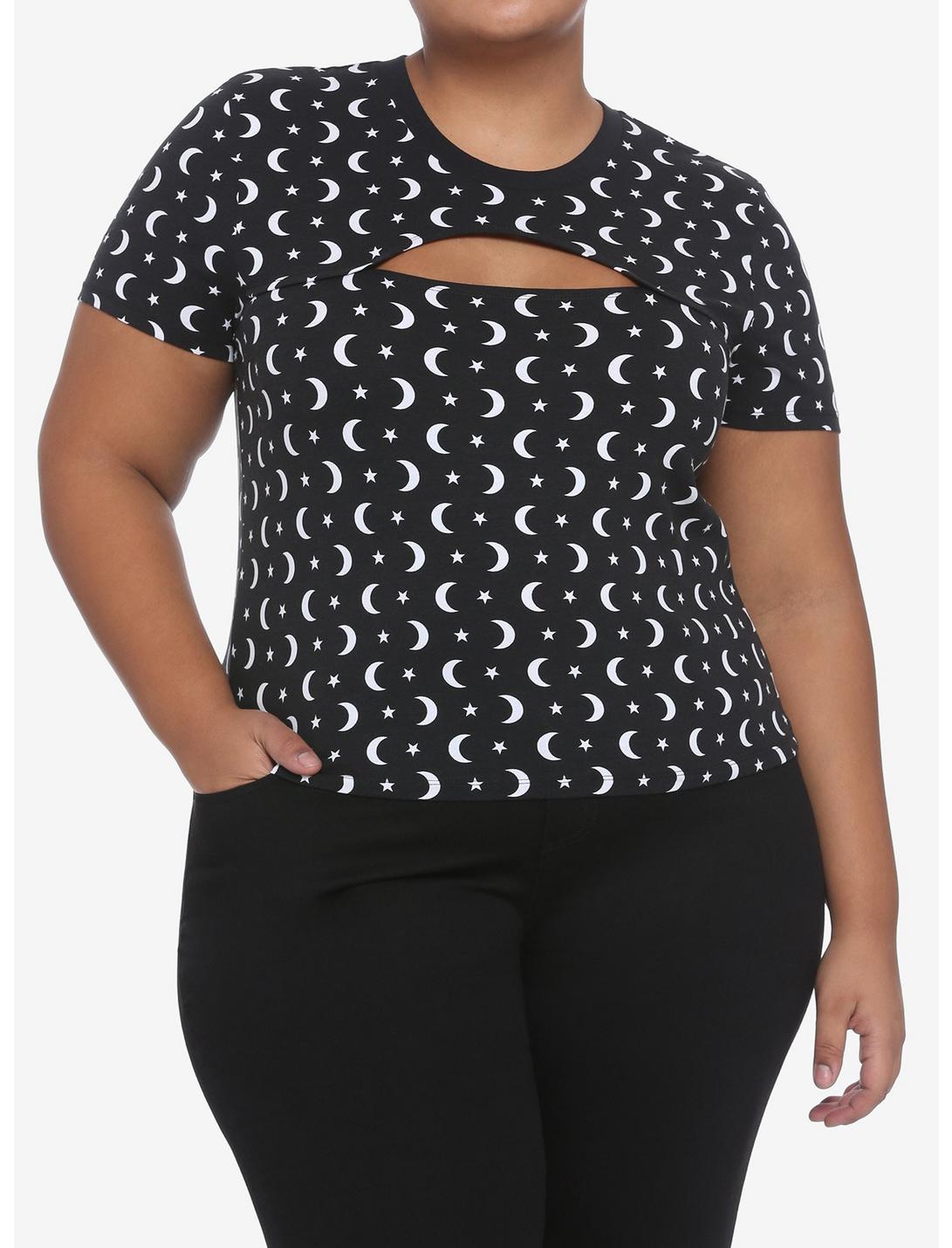 Moon Star Cutout Girls Crop T-Shirt Plus Size, BLACK, hi-res