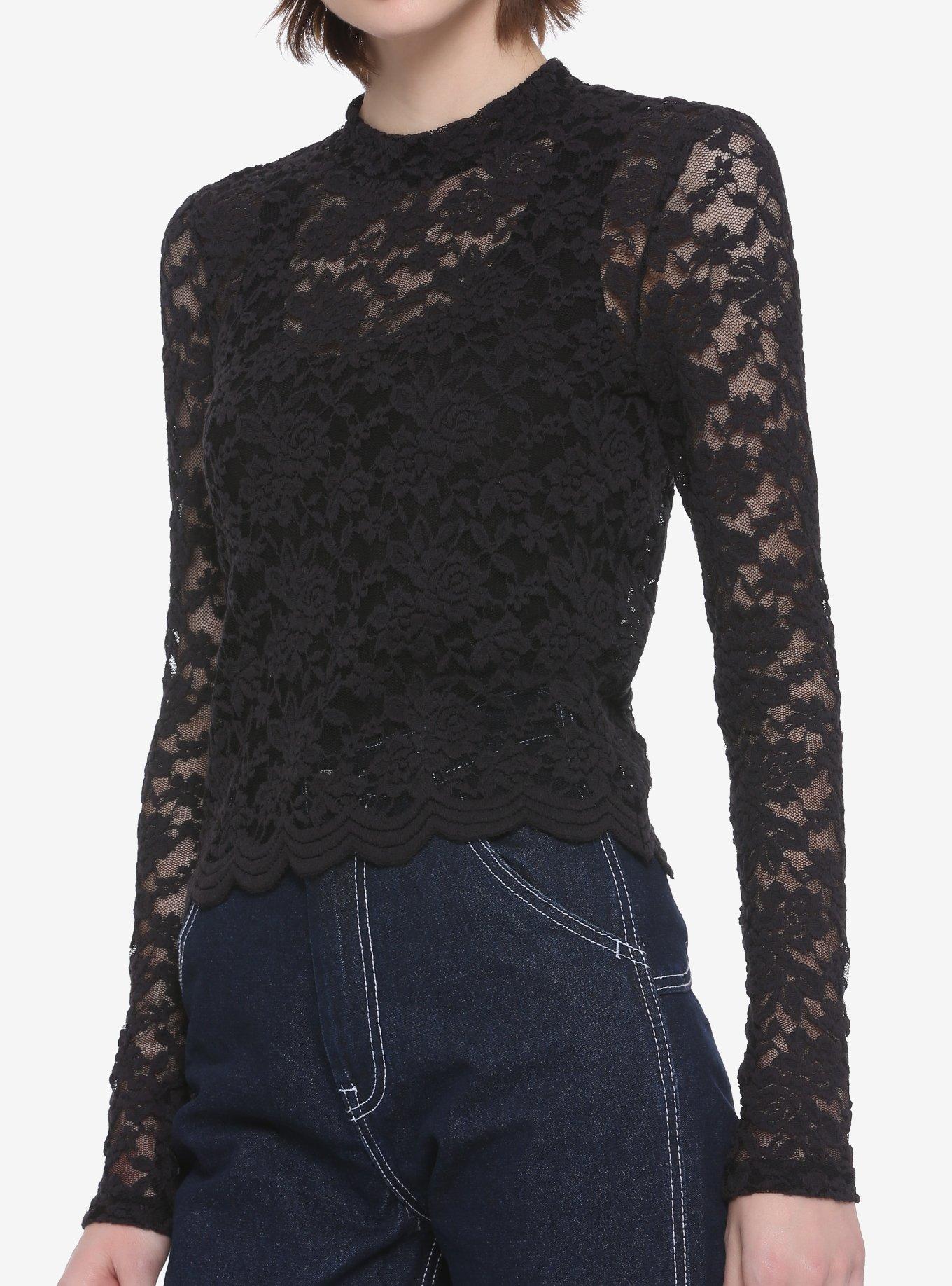 Black Floral Lace Sheer Girls Long-Sleeve Top, BLACK, hi-res