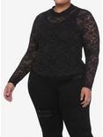 Black Floral Lace Sheer Girls Long-Sleeve Top Plus Size, BLACK, hi-res