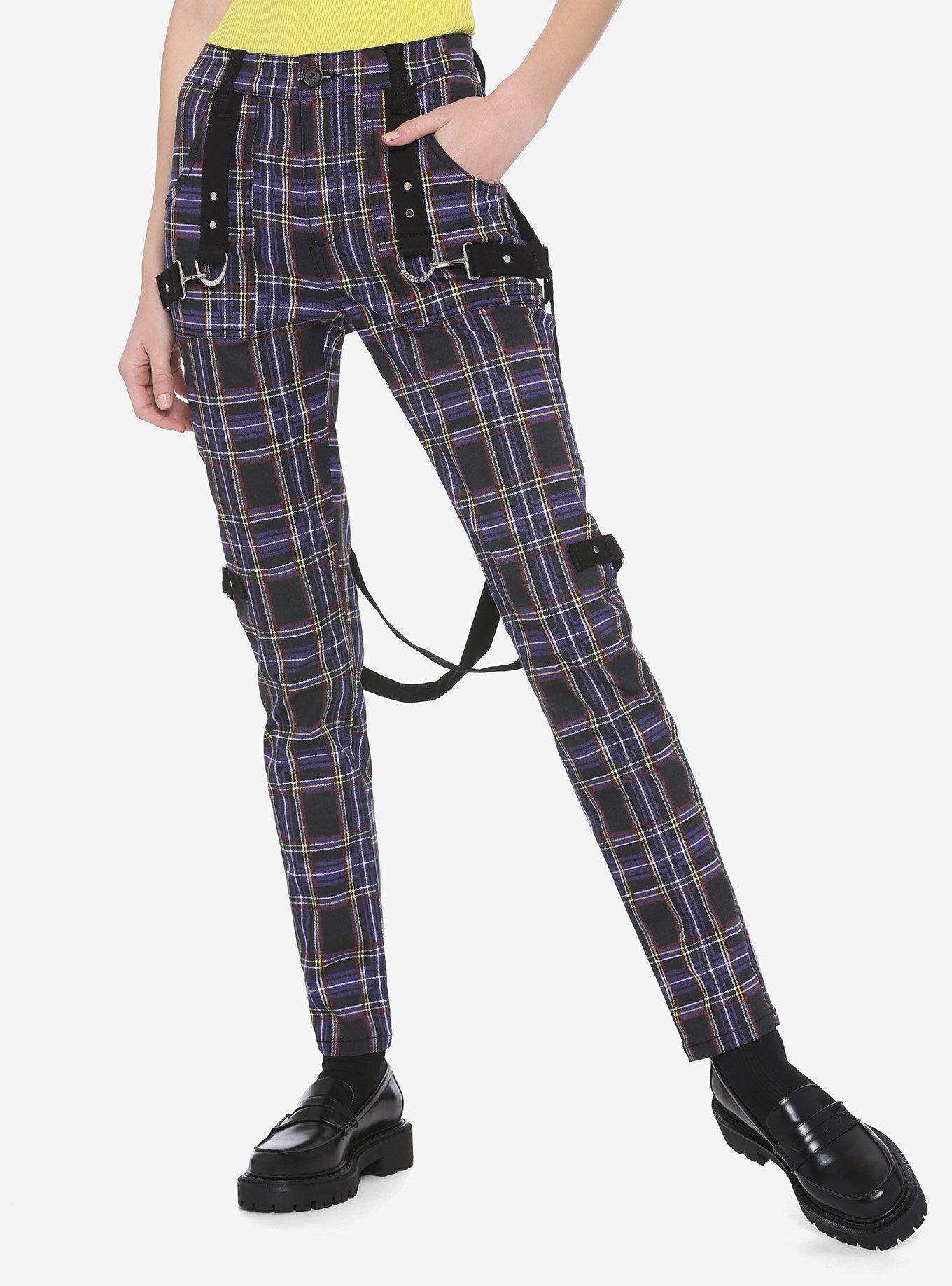 Royal Bones By Tripp Purple Plaid Strap Pants