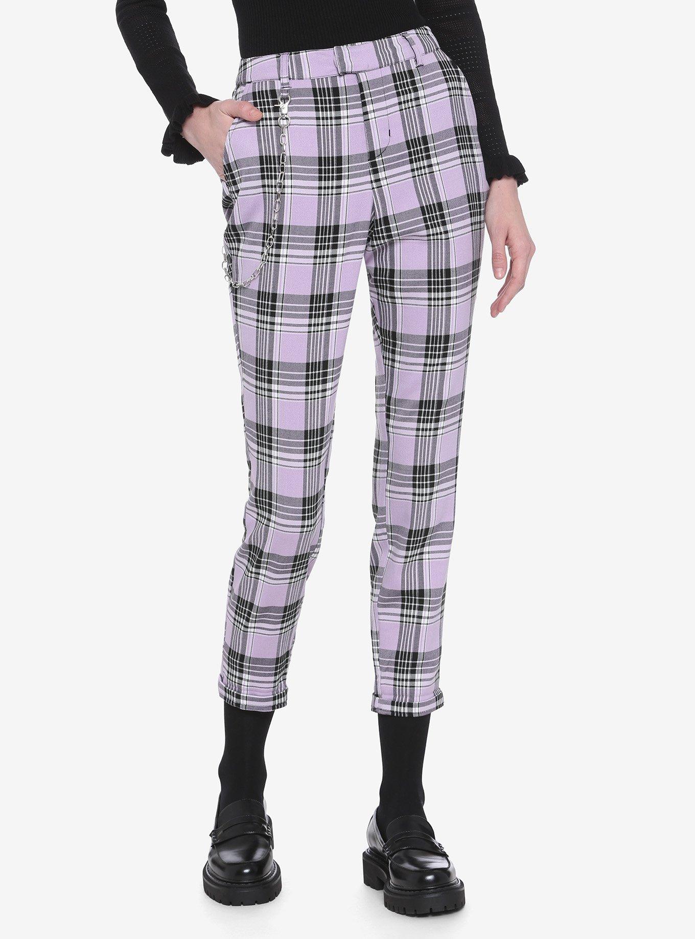 Grey Plaid Slim Fit Pants With Detachable Chain