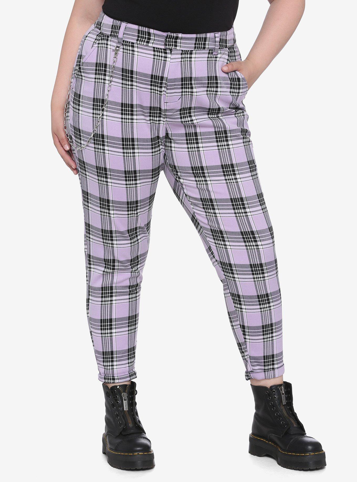 Purple Plaid Pants With Detachable Chain Plus Size