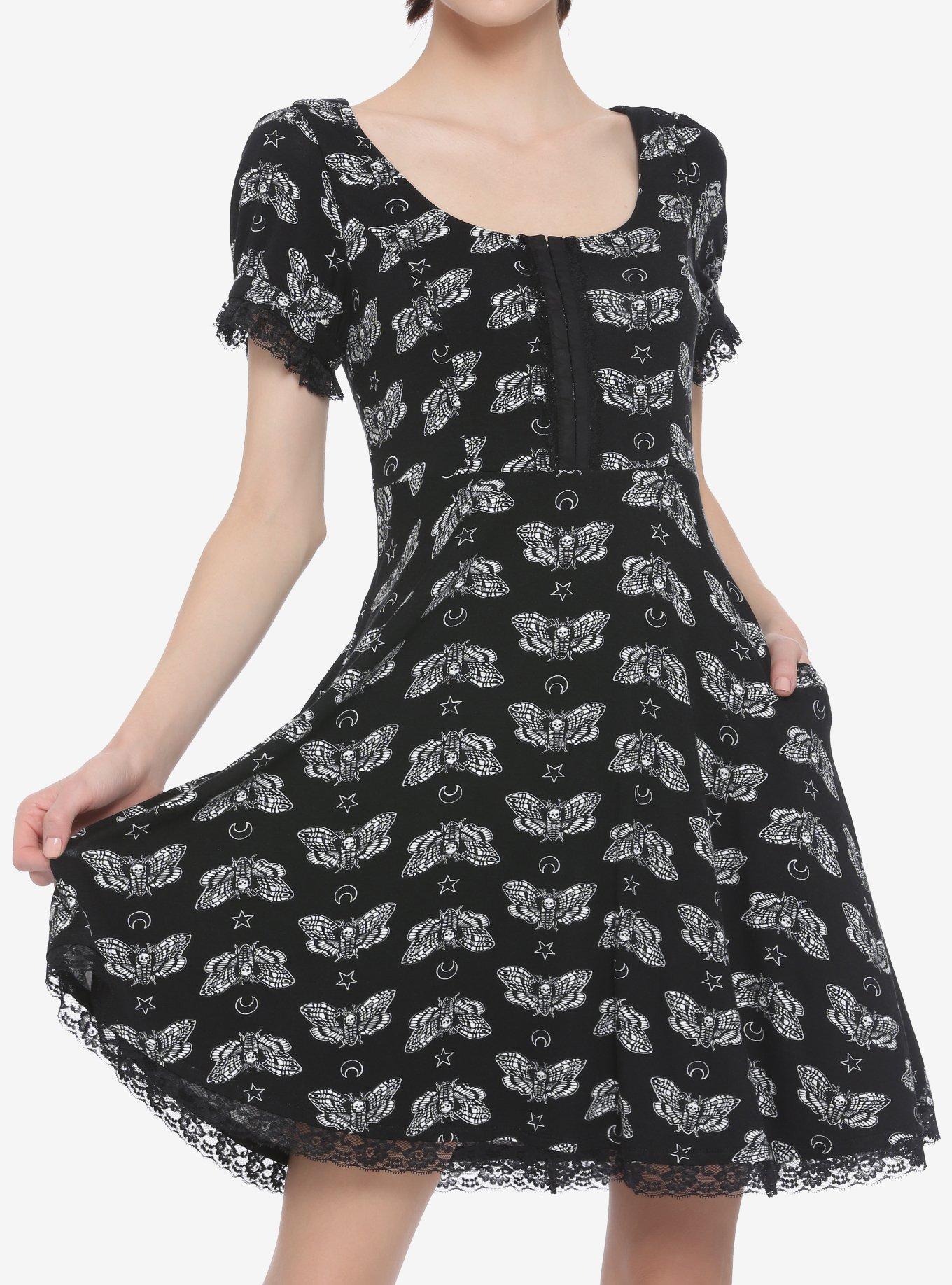 Black & White Moth Print Dress, BLACK, hi-res