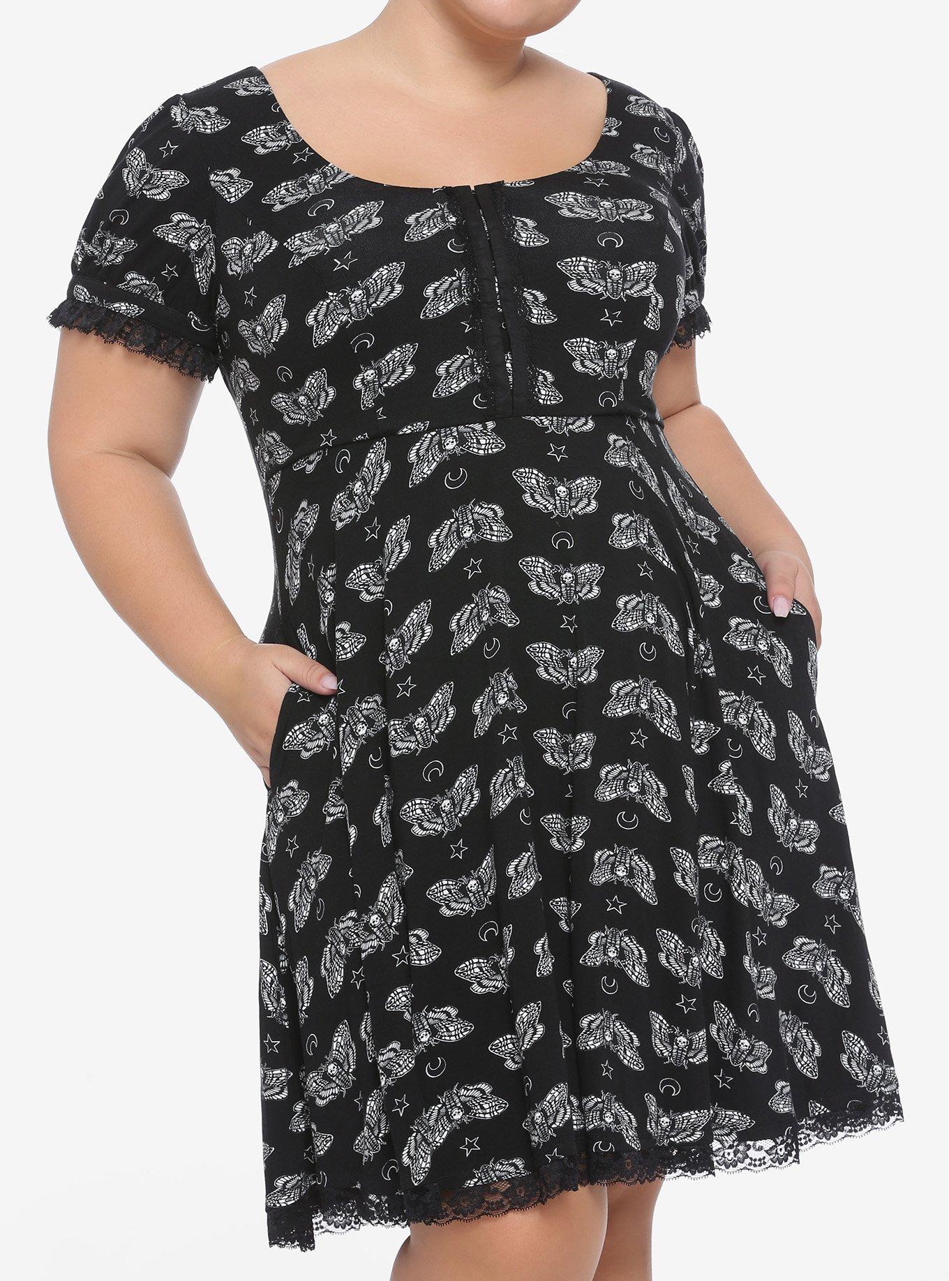 Black & White Moth Print Dress Plus Size, BLACK, hi-res