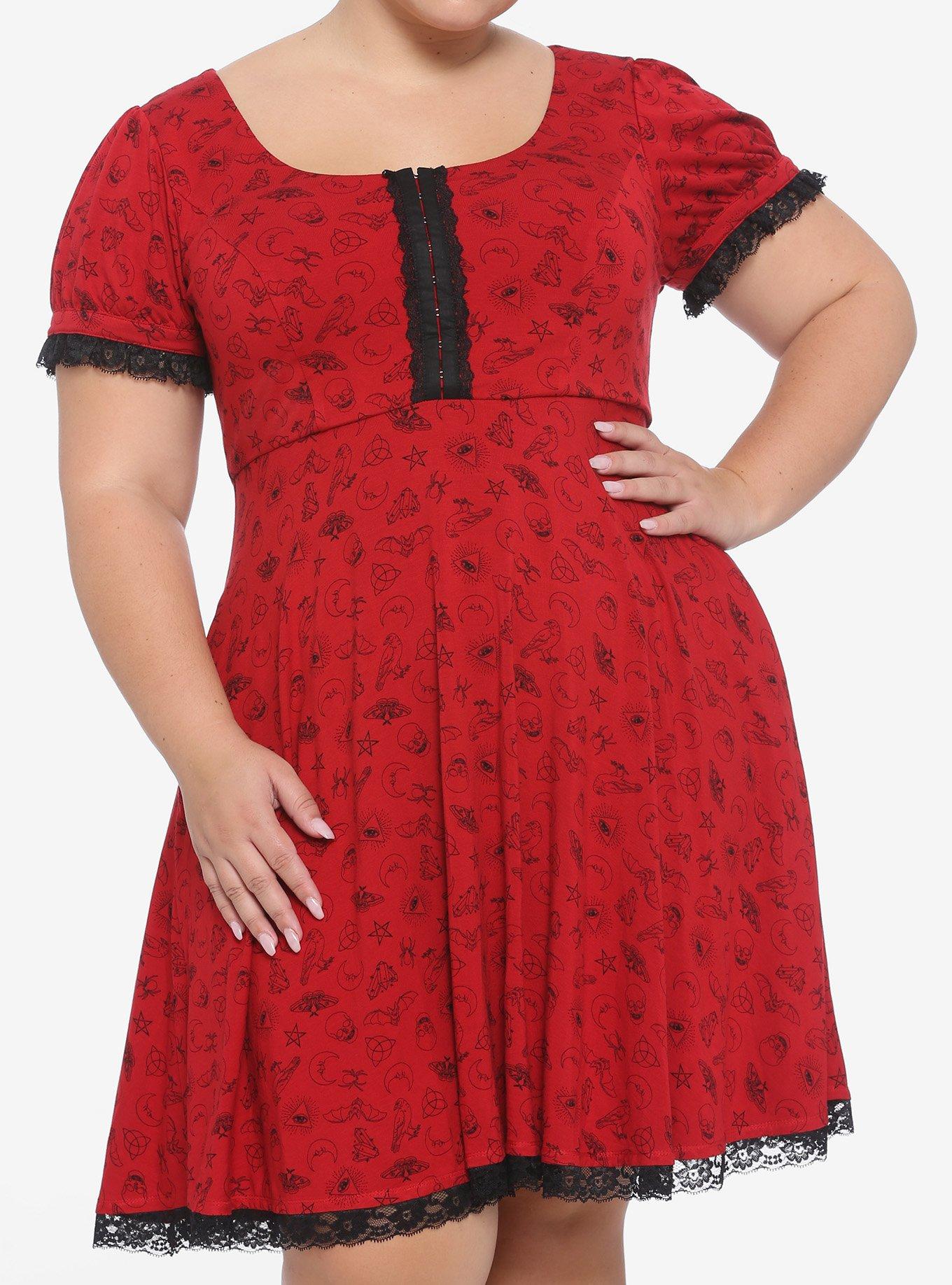 Red Alchemy Print Dress Plus Size, RED, hi-res