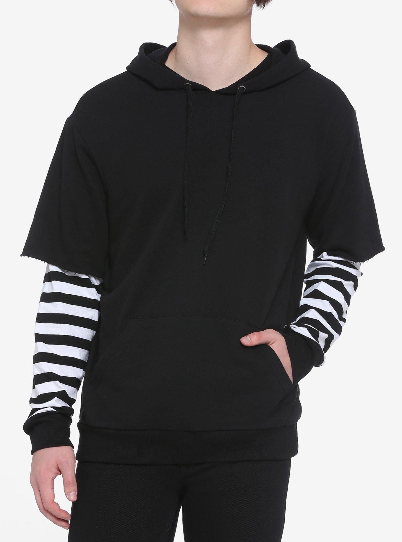 Black hoodie with white stripes on sleeves on sale