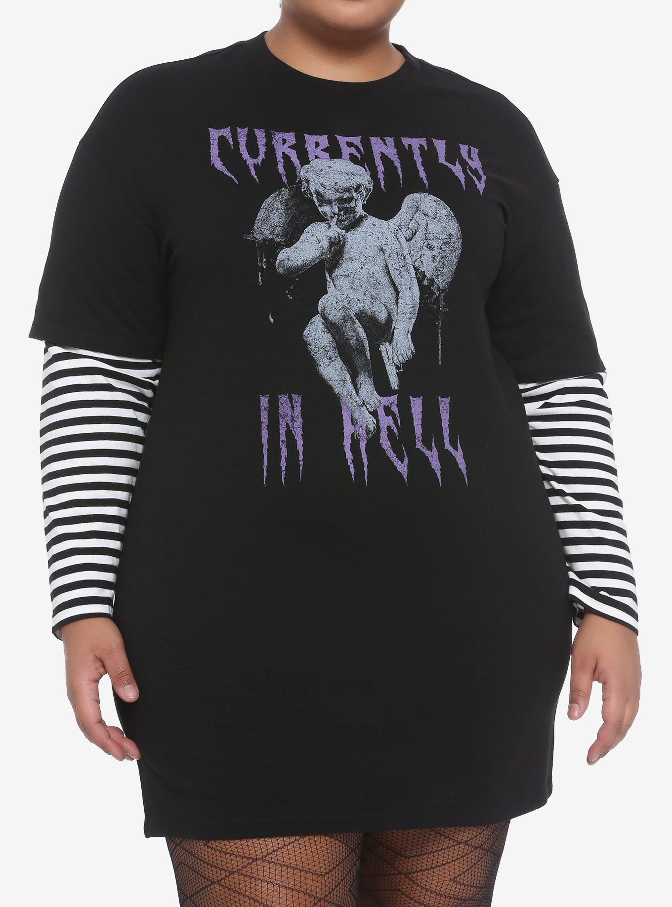 Currently In Hell Long-Sleeve T-Shirt Dress Plus Size, BLACK WHITE STRIPE, hi-res