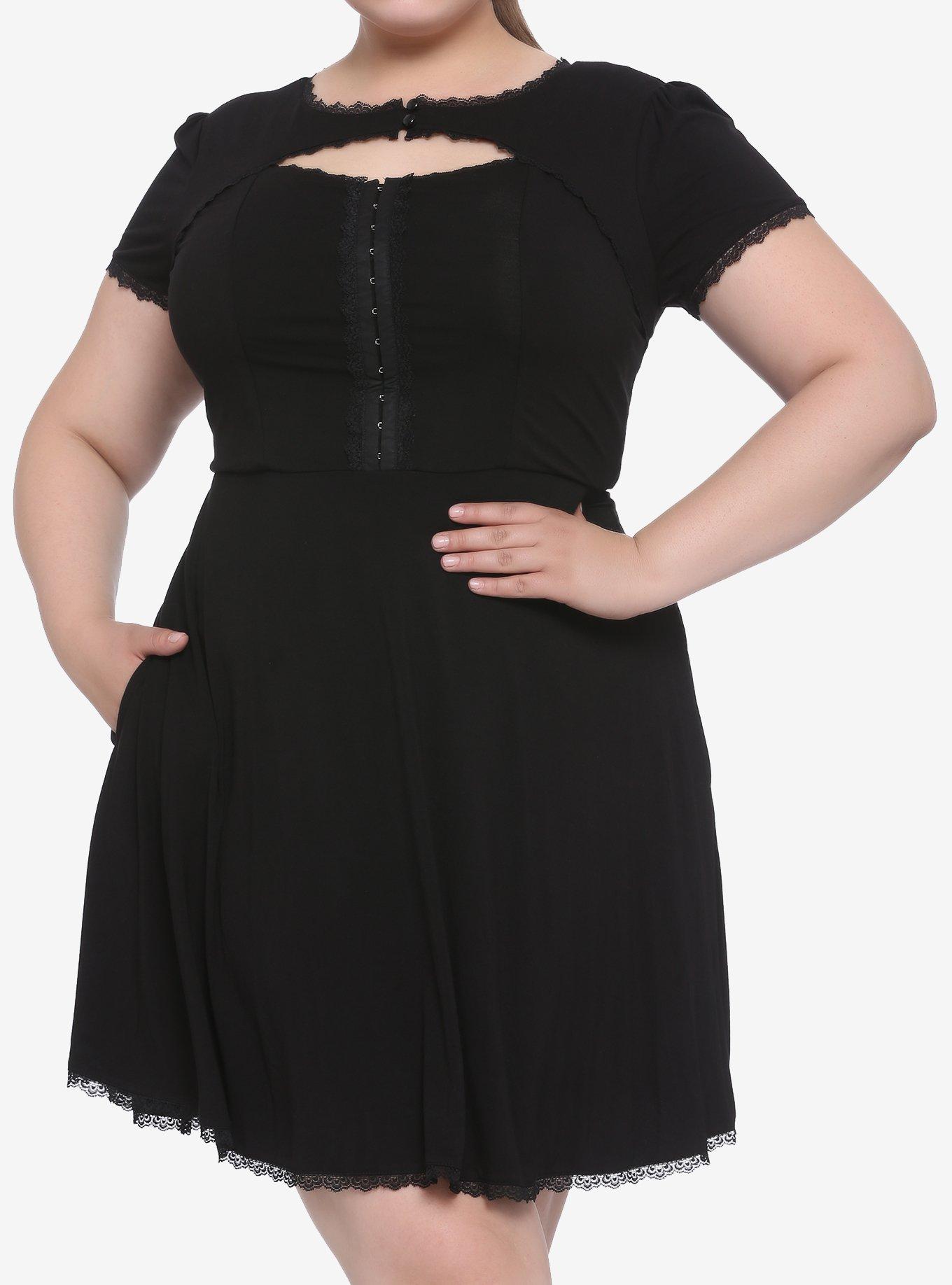 Black High Neck Keyhole Dress Plus Size, BLACK, hi-res