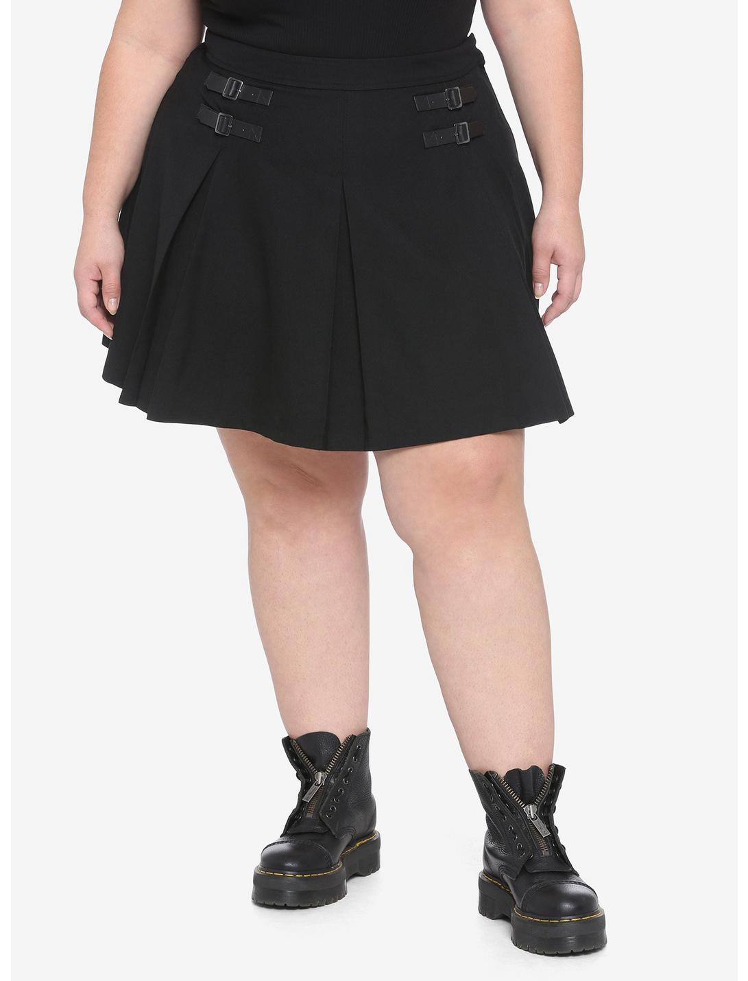 Black Double Buckle Pleated Skirt Plus Size, BLACK, hi-res