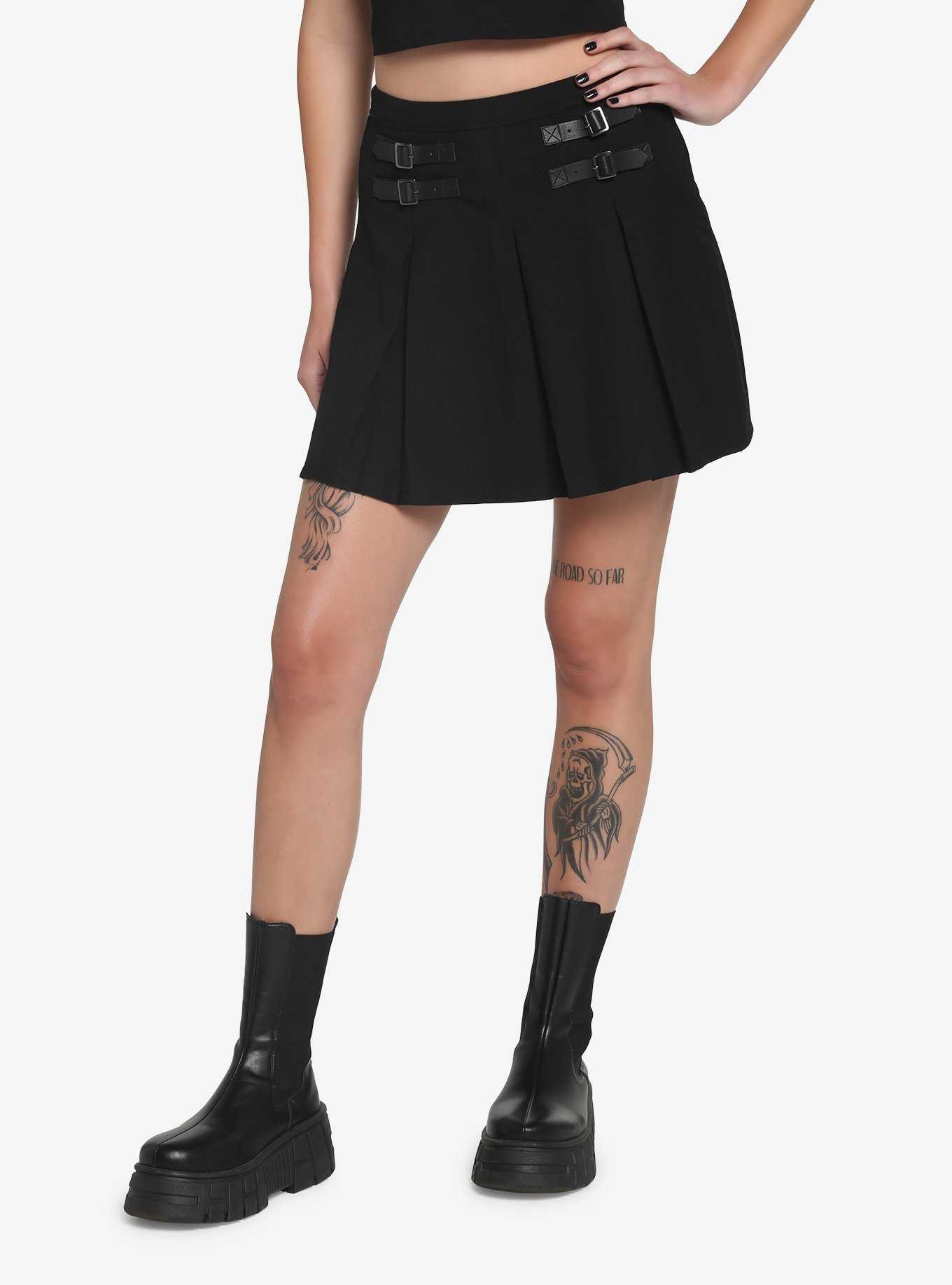 Black Double Buckle Pleated Skirt, , hi-res