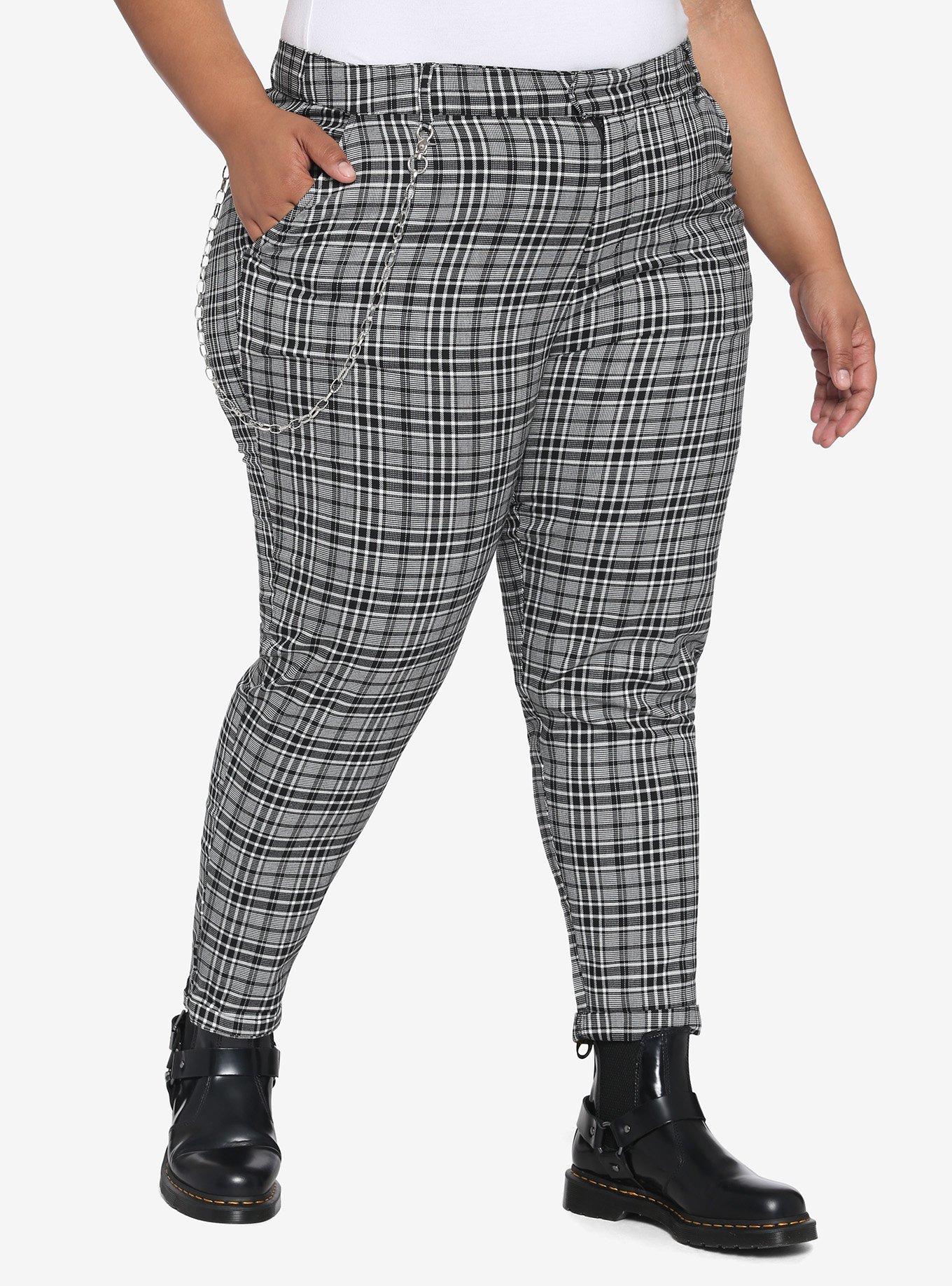 Grey Plaid Pants With Detachable Chain Plus Size, PLAID - GREY, hi-res