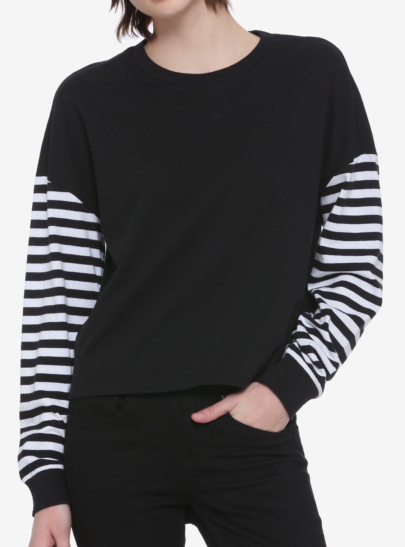 Black sweatshirt with 2025 white stripes on sleeves