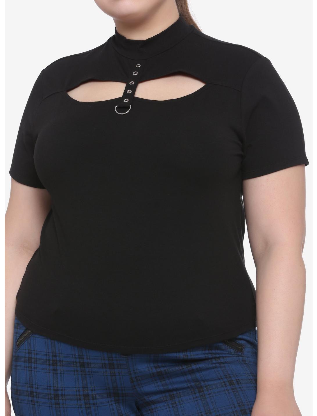 Grommet & D-Ring Strap Mock Neck Cutout Girls Crop T-Shirt Plus Size, BLACK, hi-res