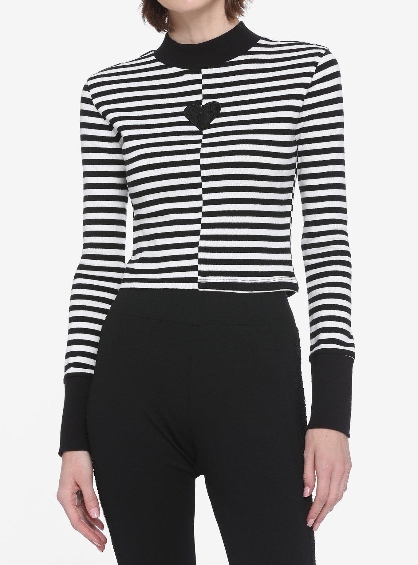 Black & White Stripe Heart Mock Neck Girls Long-Sleeve Top