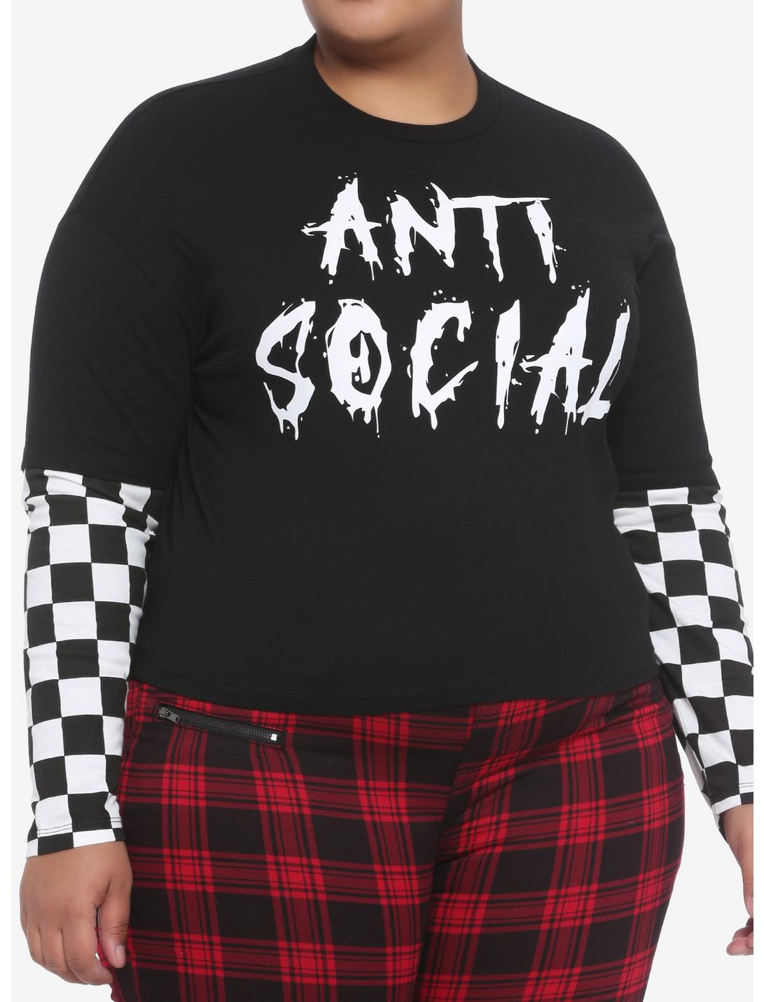 Anti Social Checkered Sleeve Girls Crop Long-Sleeve T-Shirt Plus Size, BLACK, hi-res