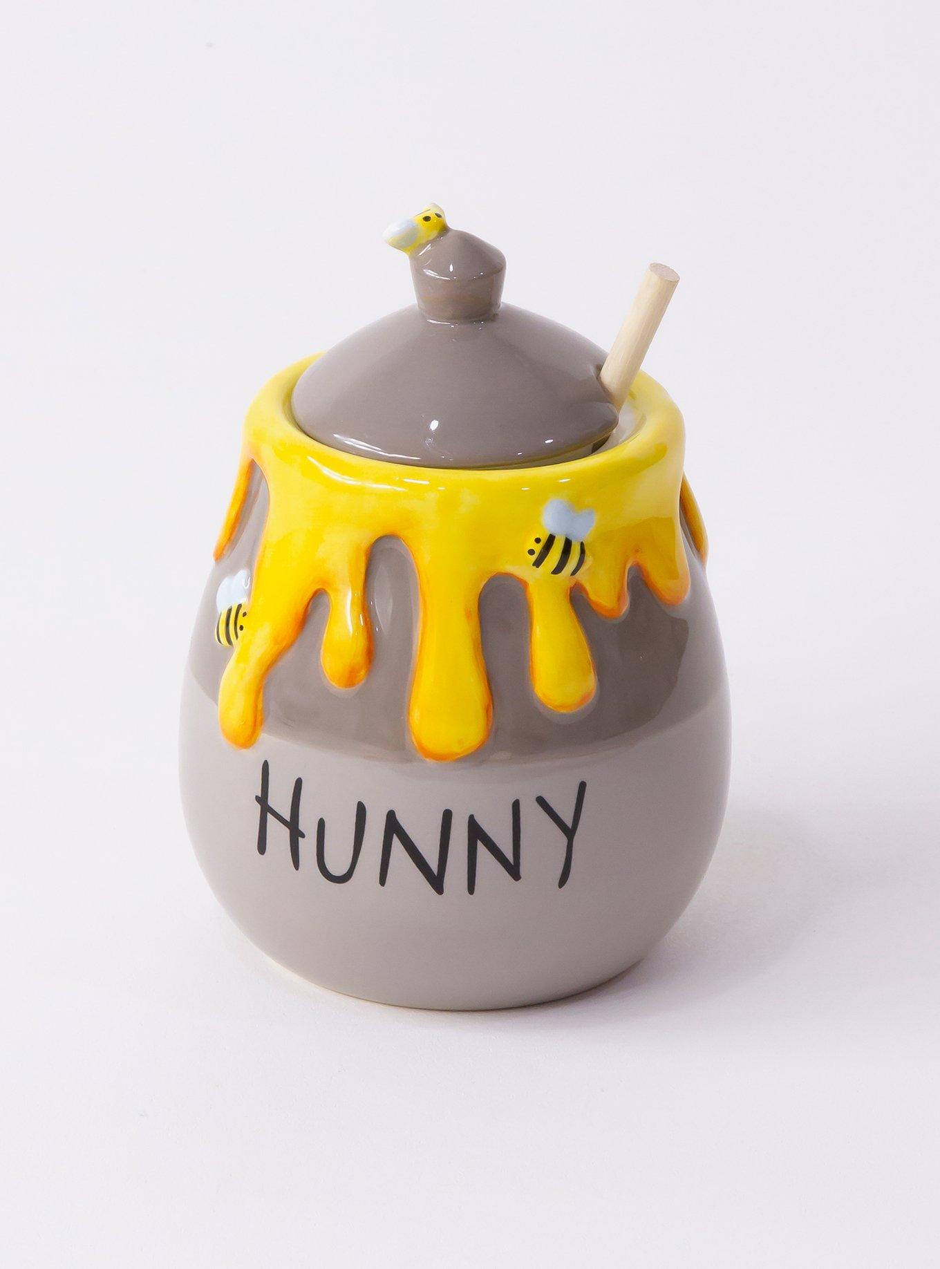Yellow Ceramic Winnie the Pooh Hunny Pot with Lid and Stirrer