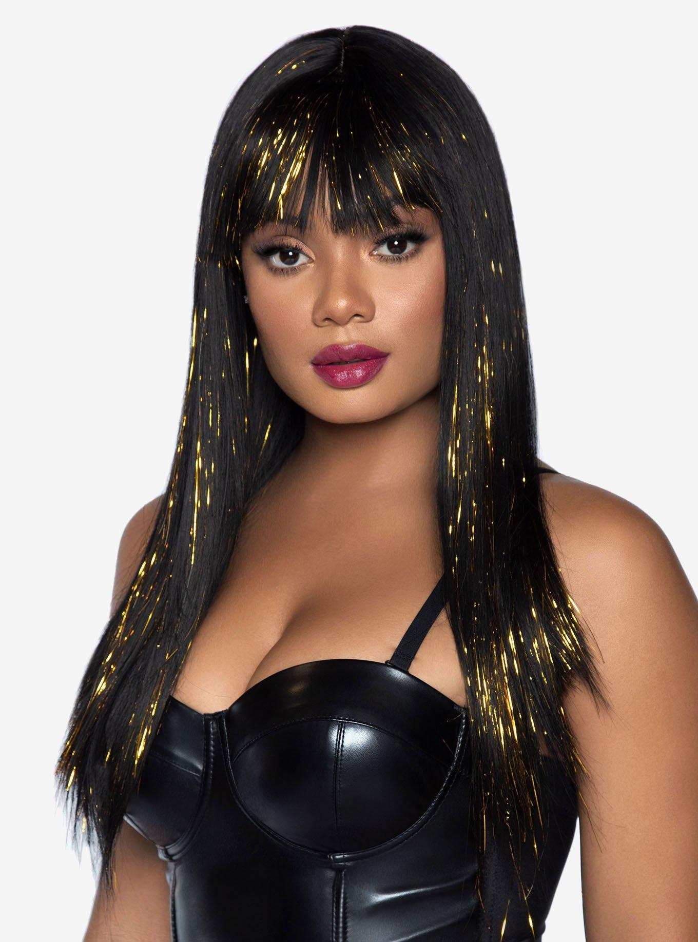 Long Straight Bang Black And Gold Tinsel Wig, , hi-res