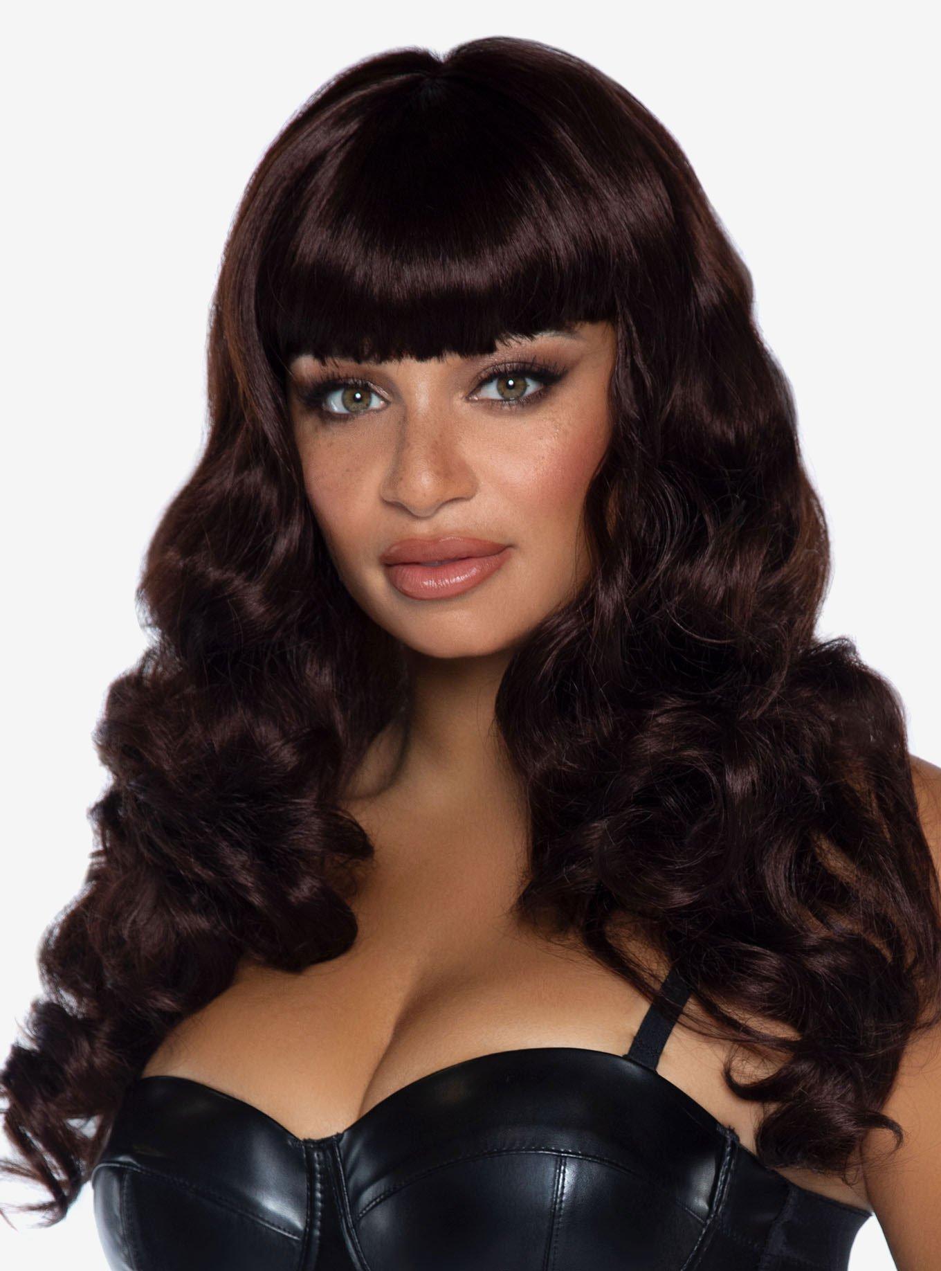 Long Wavy Bang Wig Brown, , hi-res