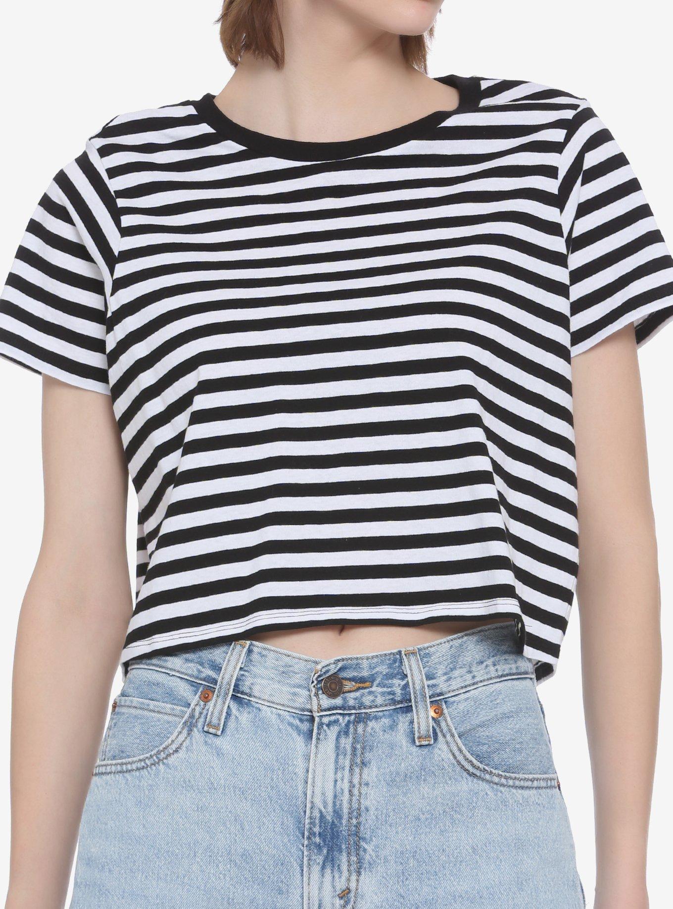 Black & White Stripe Girls Crop T-Shirt, STRIPES, hi-res
