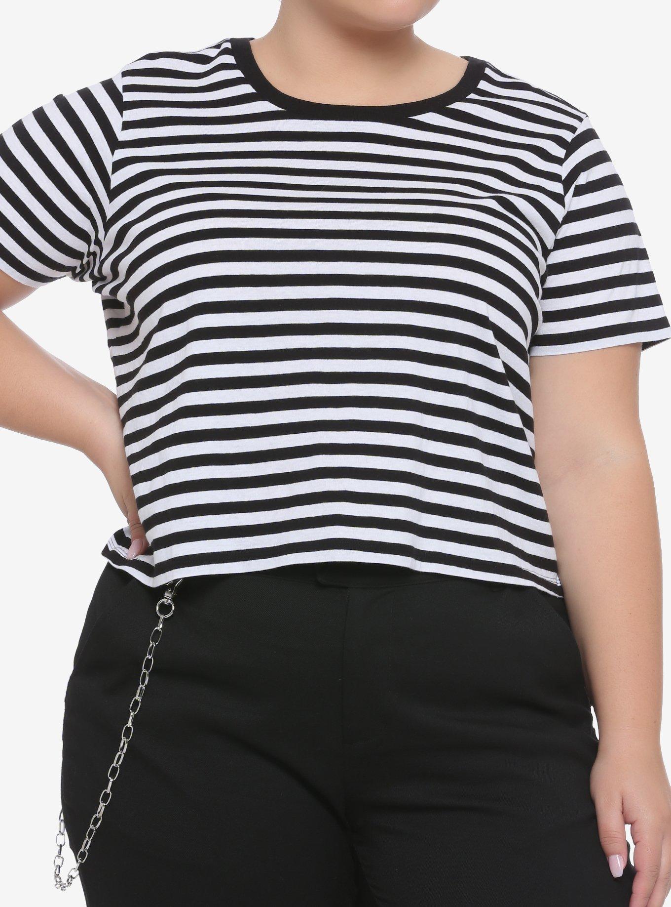 Black & White Stripe Girls Crop T-Shirt Plus Size, STRIPES, hi-res