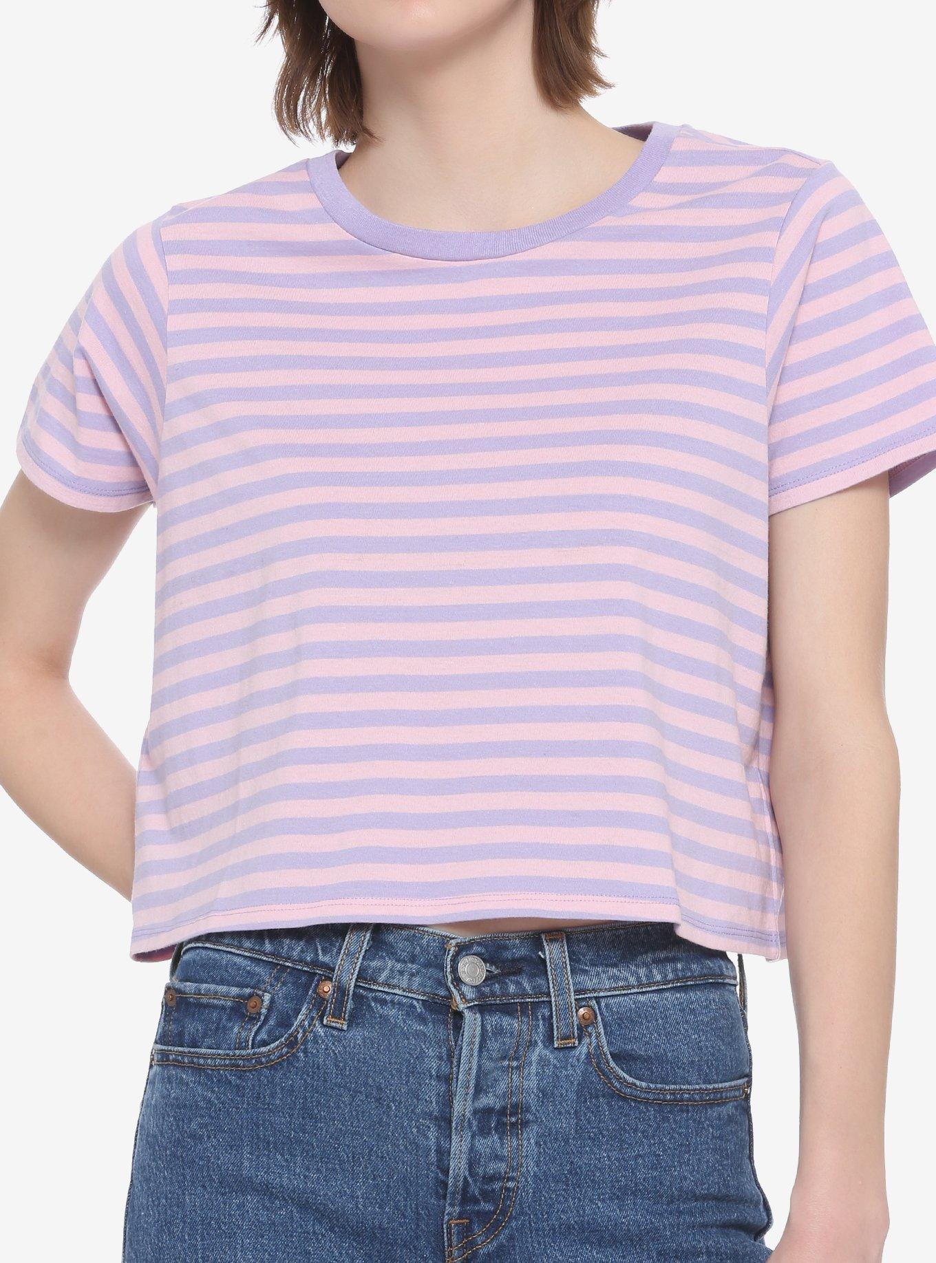 Pink & Lavender Stripe Girls Crop T-Shirt, STRIPE - LAVENDER, hi-res
