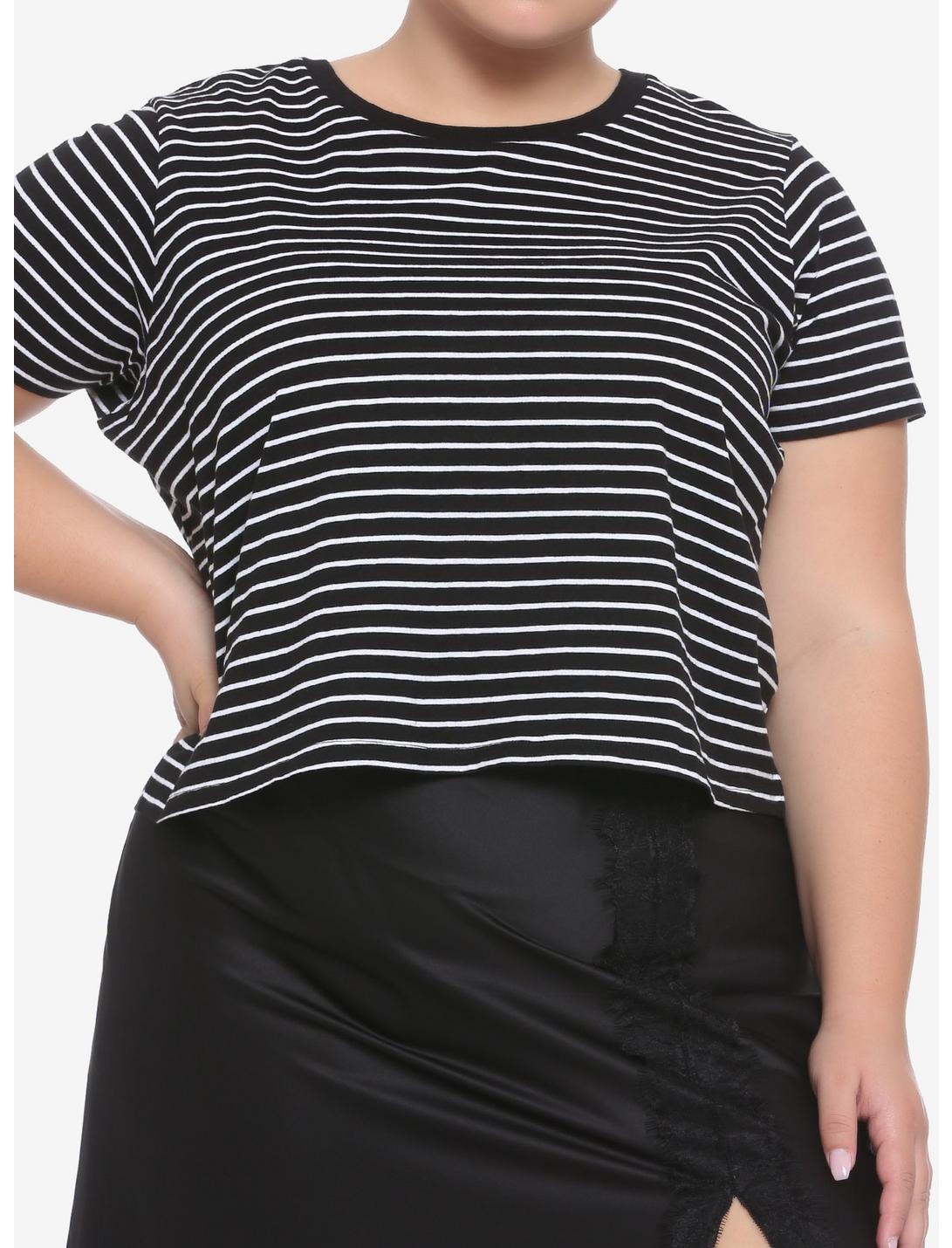 Black & White Narrow Stripe Girls Crop T-Shirt Plus Size, STRIPES, hi-res