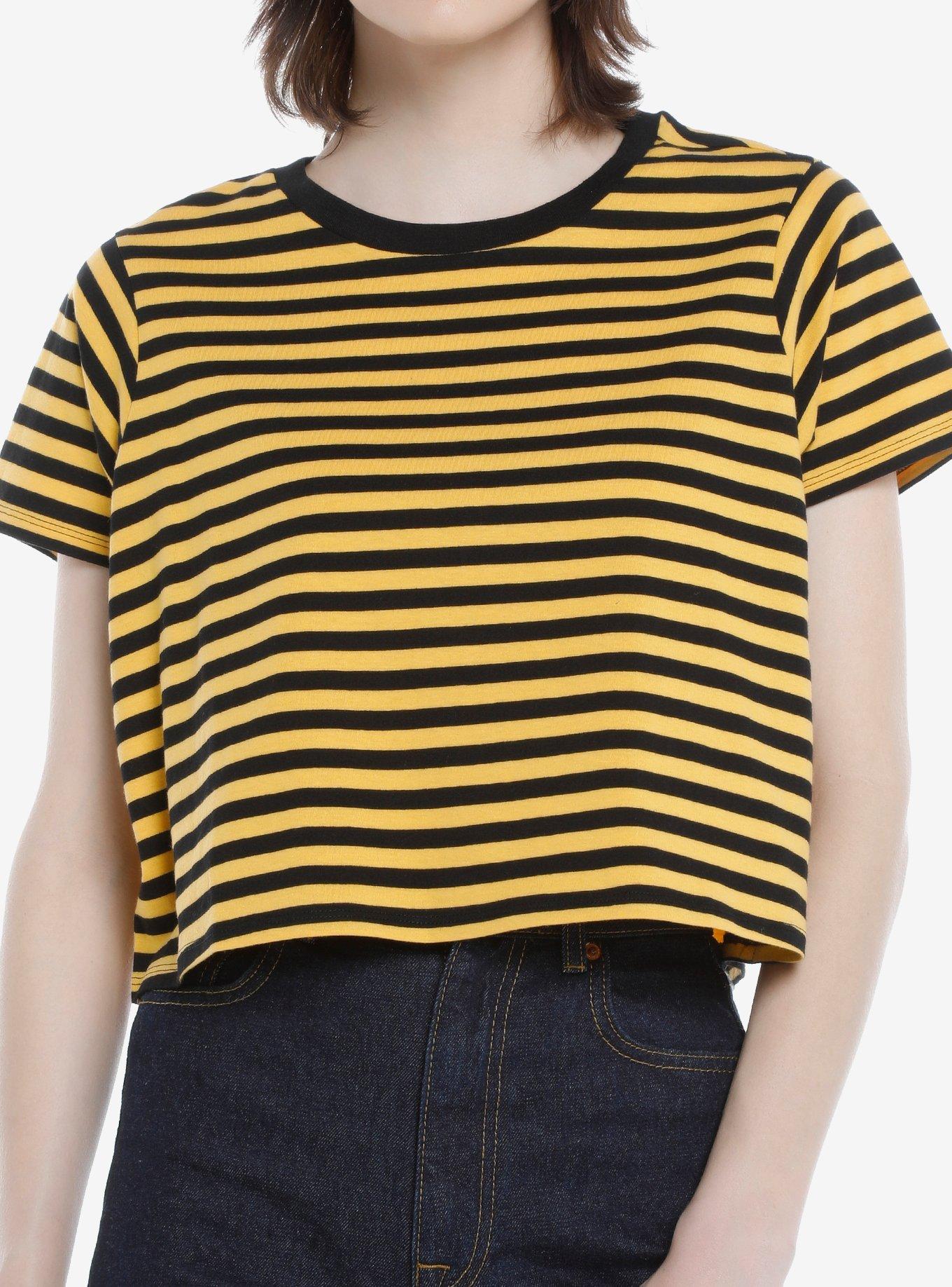 Black & Yellow Stripe Girls Crop T-Shirt, STRIPE - YELLOW, hi-res